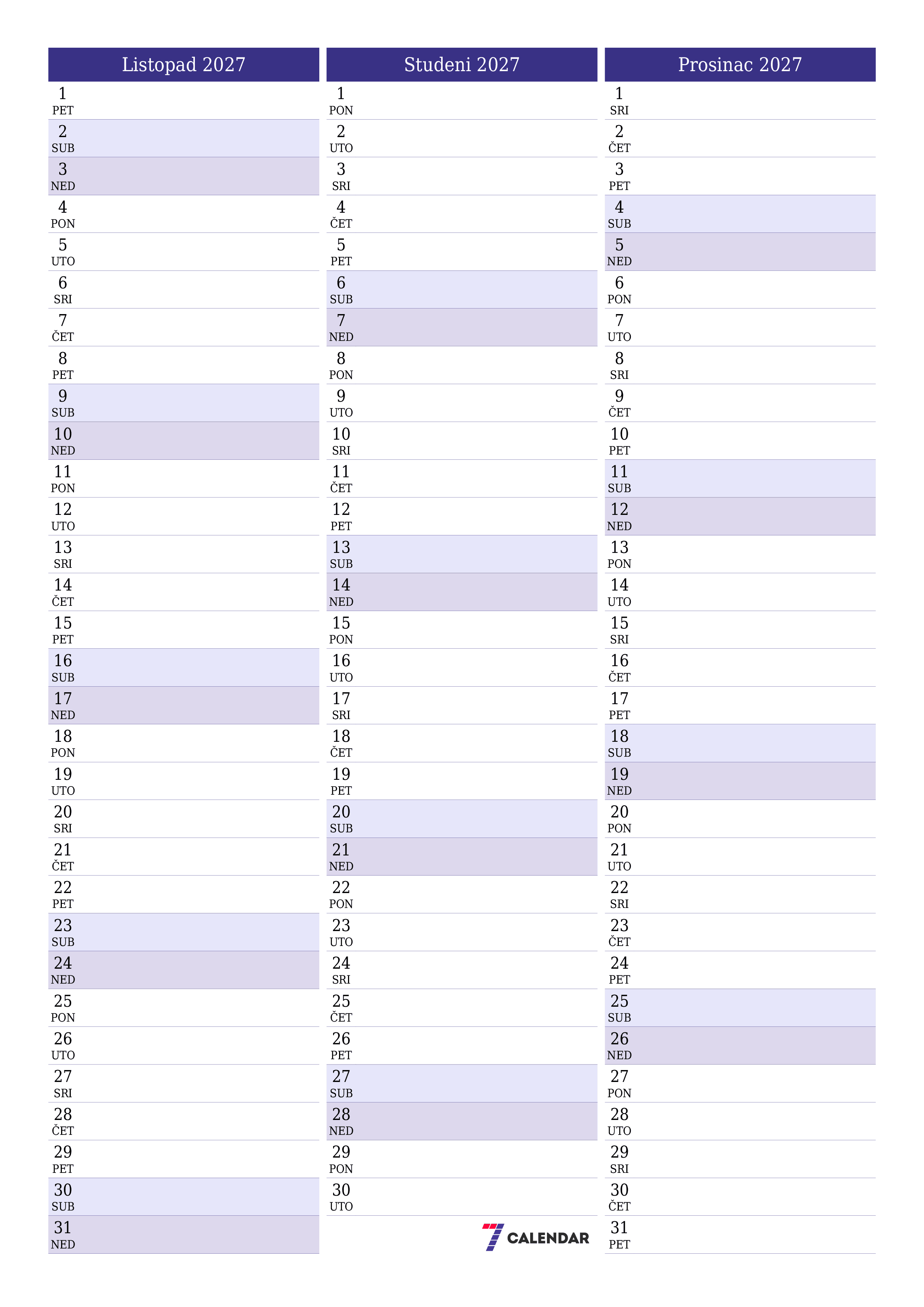 Ispraznite mjesečni planer za mjesec Listopad 2027 s bilješkama, spremite i ispišite u PDF PNG Croatian