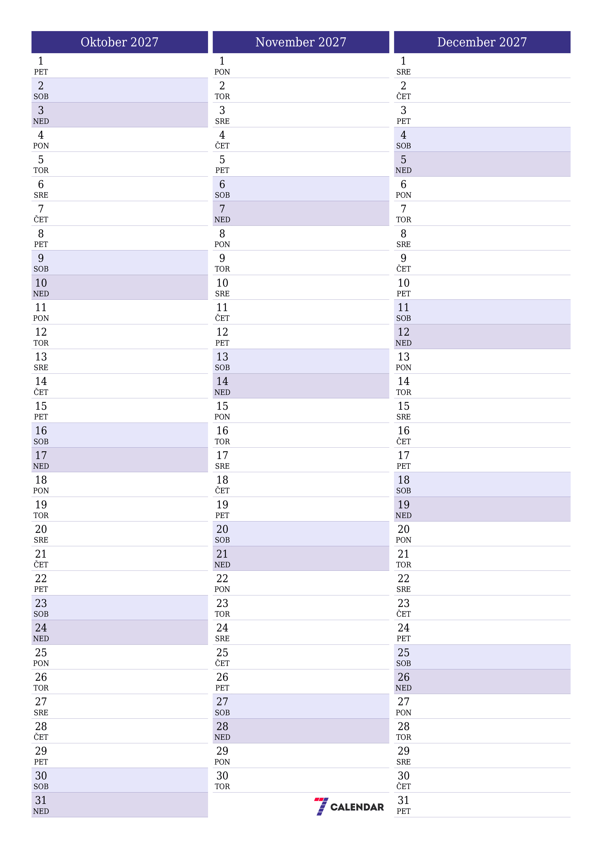 Prazen mesečni načrtovalec koledarja za mesec Oktober 2027 z opombami, natisnjenimi v PDF PNG Slovenian