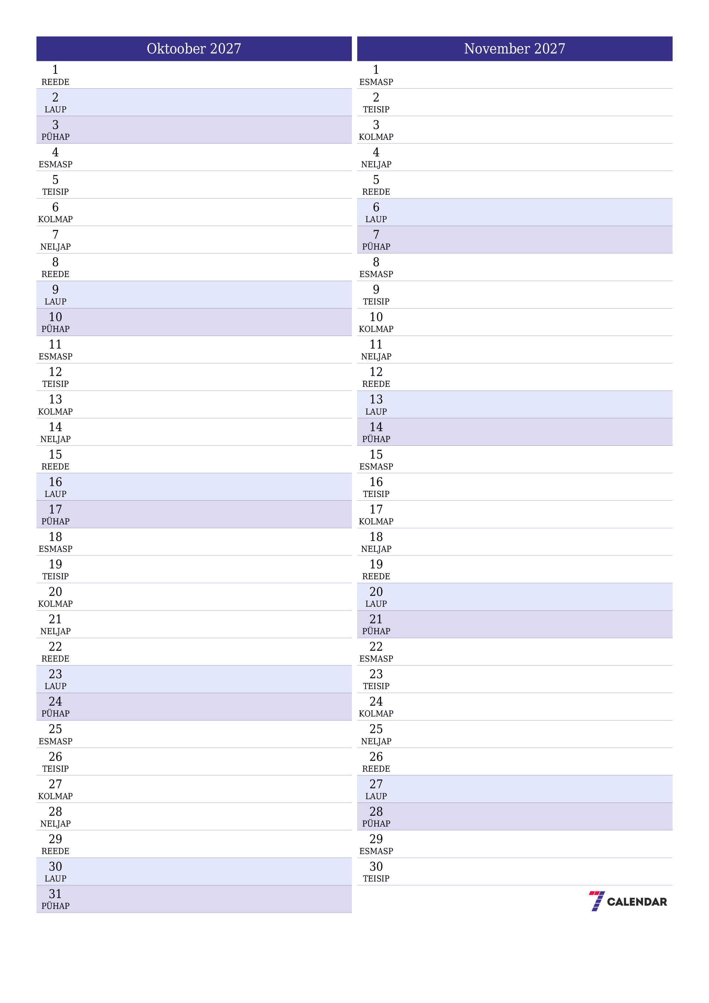 Tühjendage kuu Oktoober 2027 kuuplaneerija märkmetega, salvestage ja printige PDF-i PNG Estonian