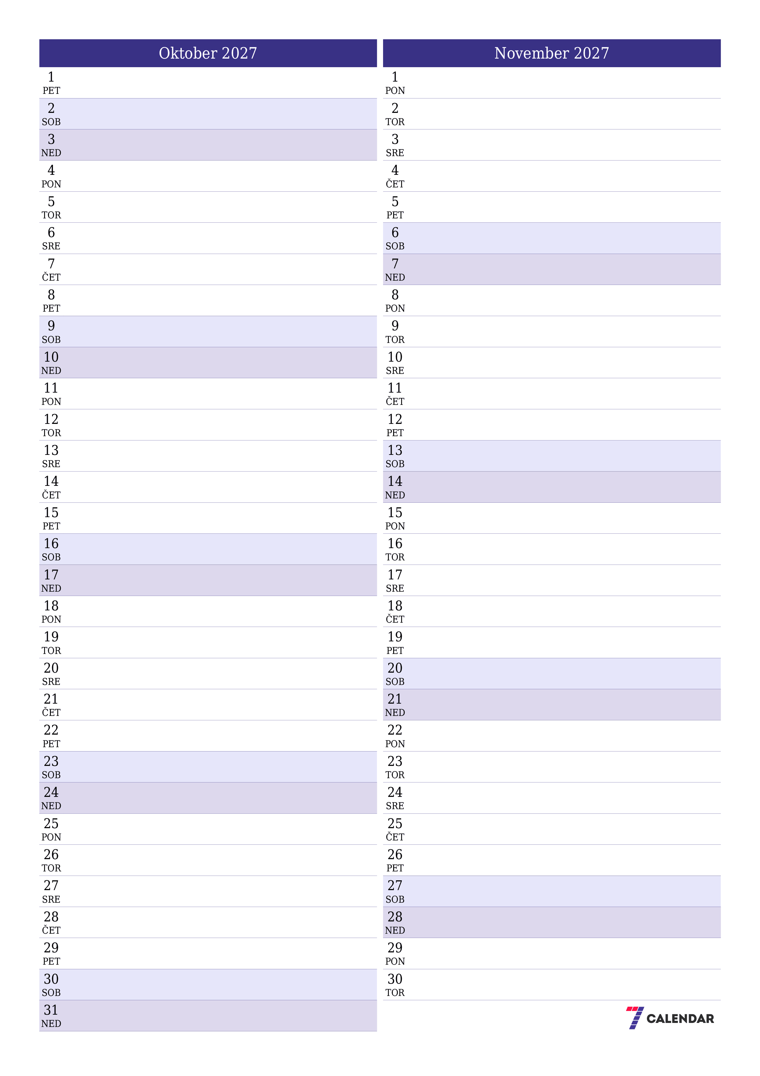 Prazen mesečni načrtovalec koledarja za mesec Oktober 2027 z opombami, natisnjenimi v PDF PNG Slovenian