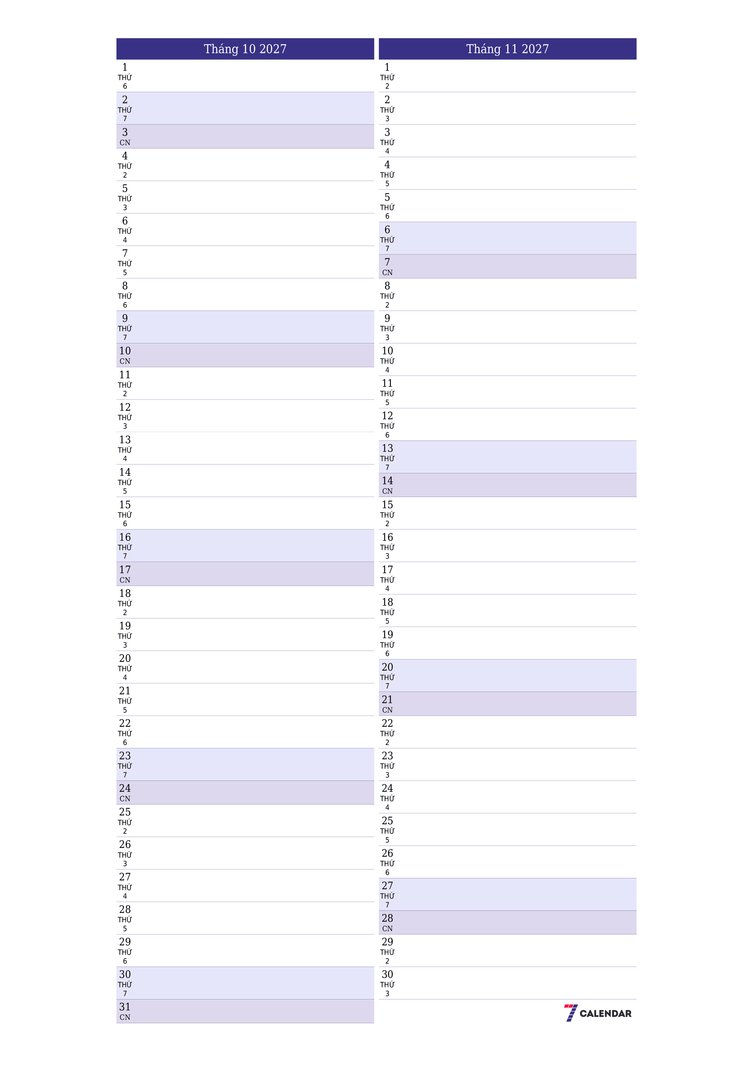 Công cụ lập kế hoạch hàng tháng trống cho tháng Tháng 10 2027 có ghi chú, lưu và in sang PDF PNG Vietnamese