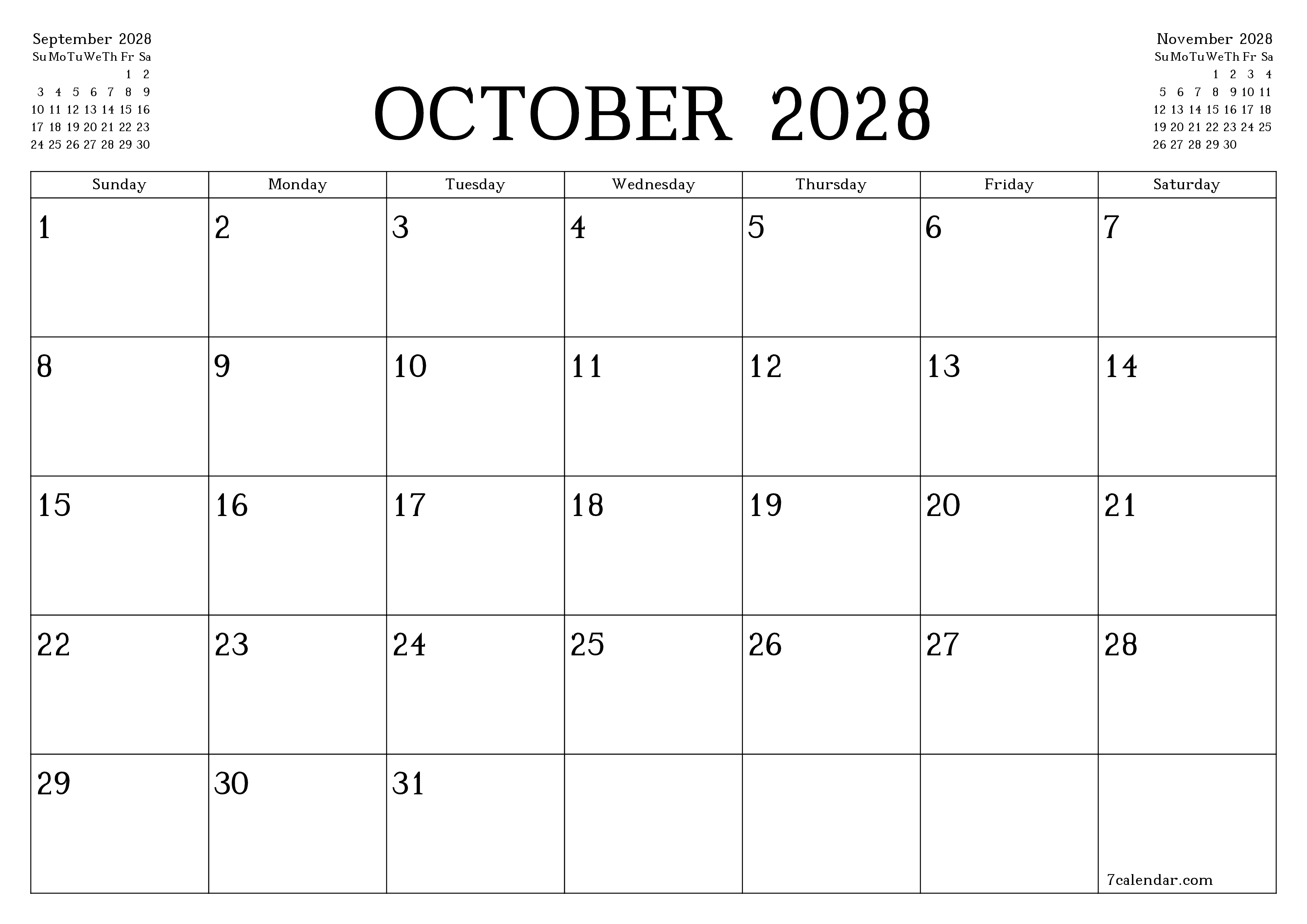 Blank calendar October 2028