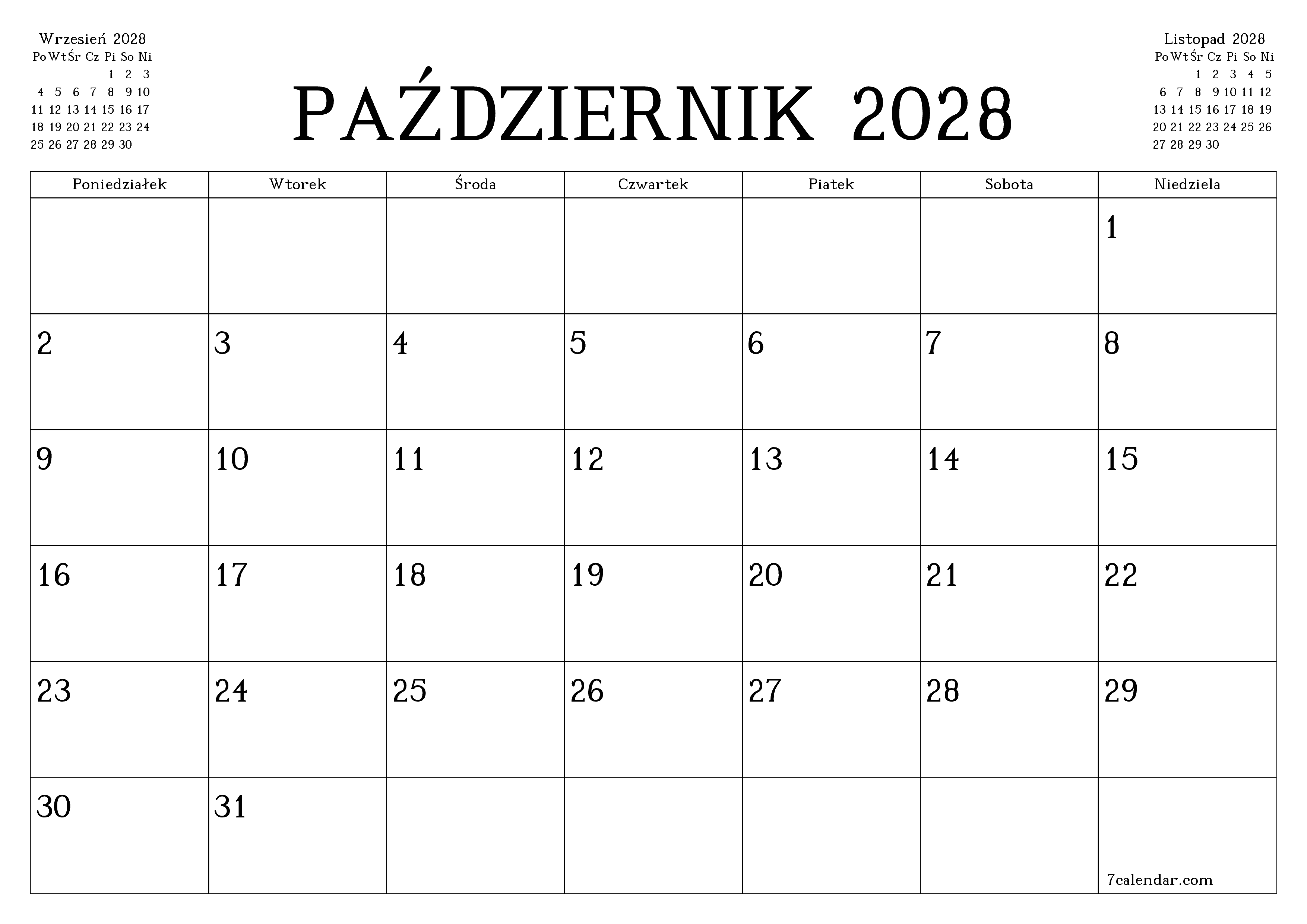 Opróżnij miesięczny planer na miesiąc Październik 2028 z notatkami, zapisz i wydrukuj w formacie PDF PNG Polish