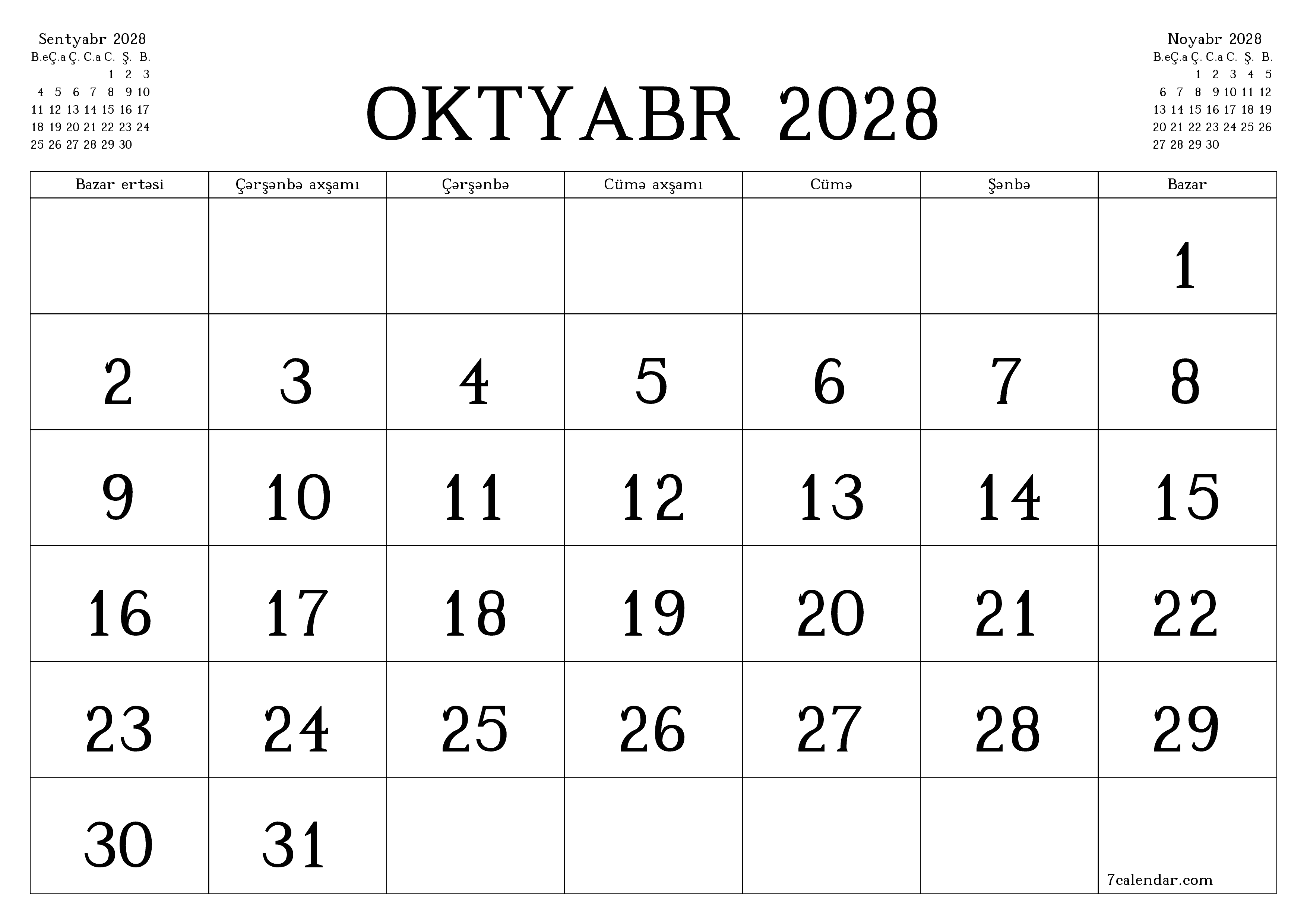 Oktyabr 2028 ayı üçün qeydlər ilə boş aylıq planlayıcı, qeyd edin və PDF-ə yazdırın PNG Azerbaijani