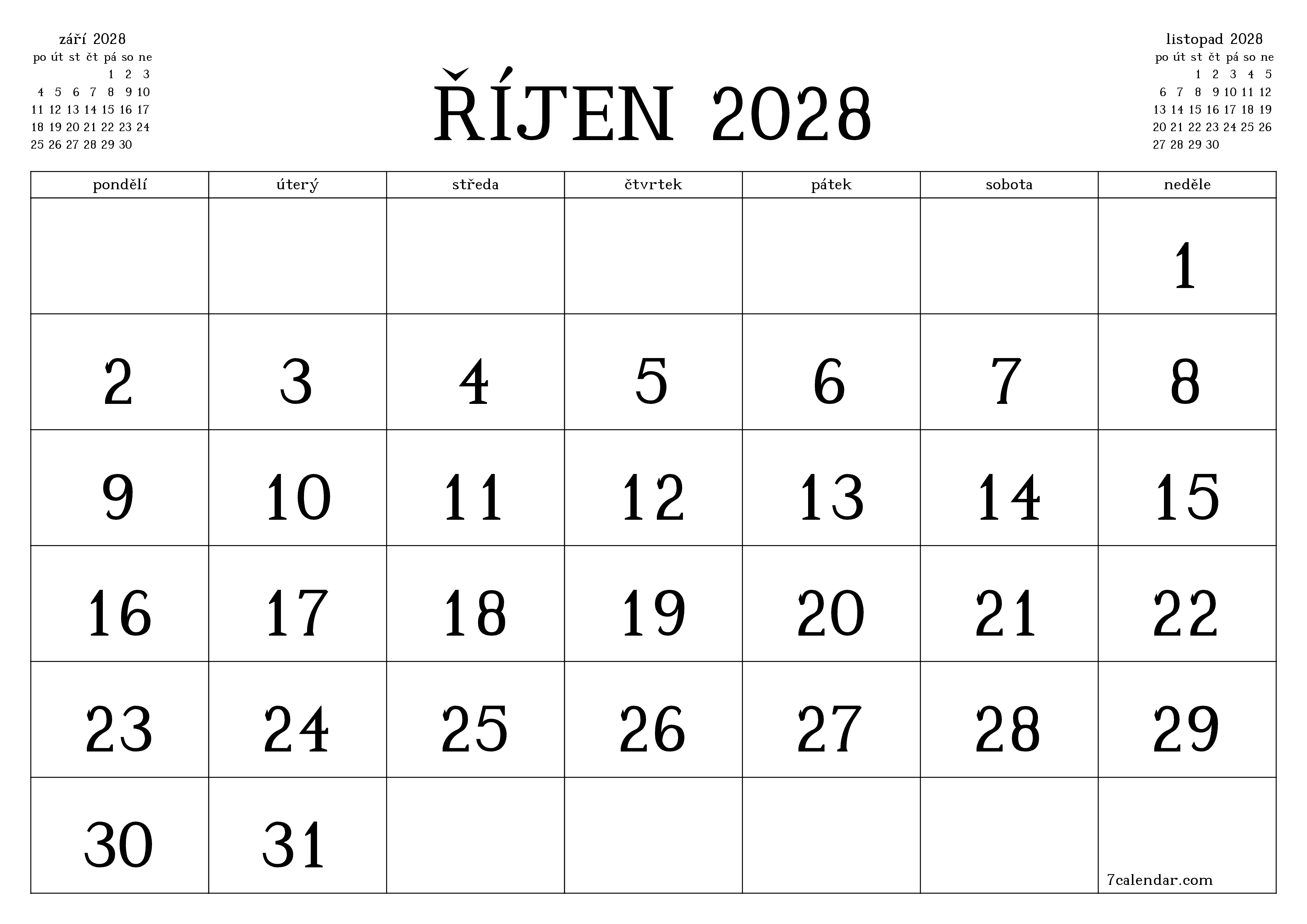 Vyprázdnit měsíční plánovač na měsíc říjen 2028 s poznámkami, uložit a vytisknout do PDF PNG Czech