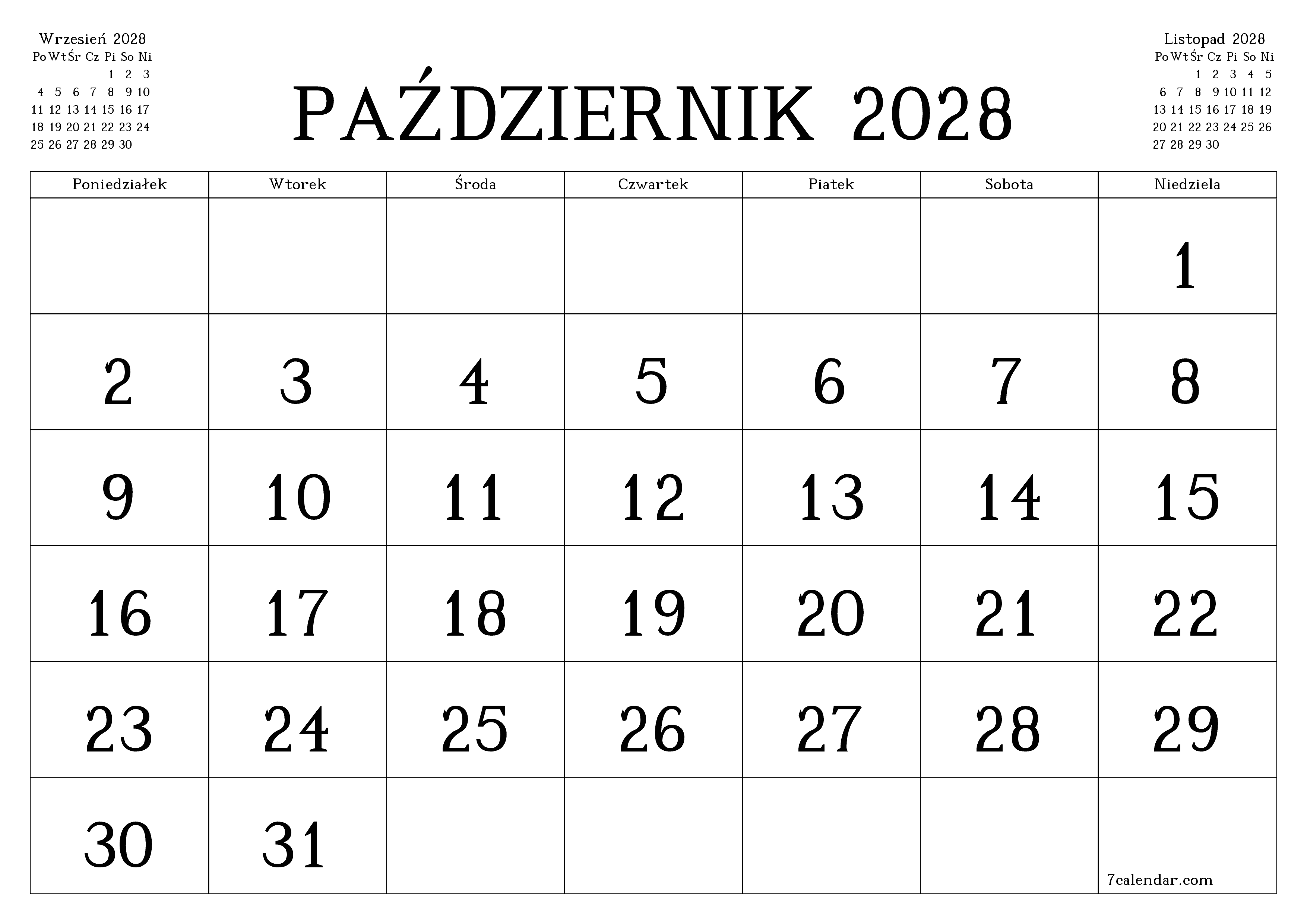 Opróżnij miesięczny planer na miesiąc Październik 2028 z notatkami, zapisz i wydrukuj w formacie PDF PNG Polish