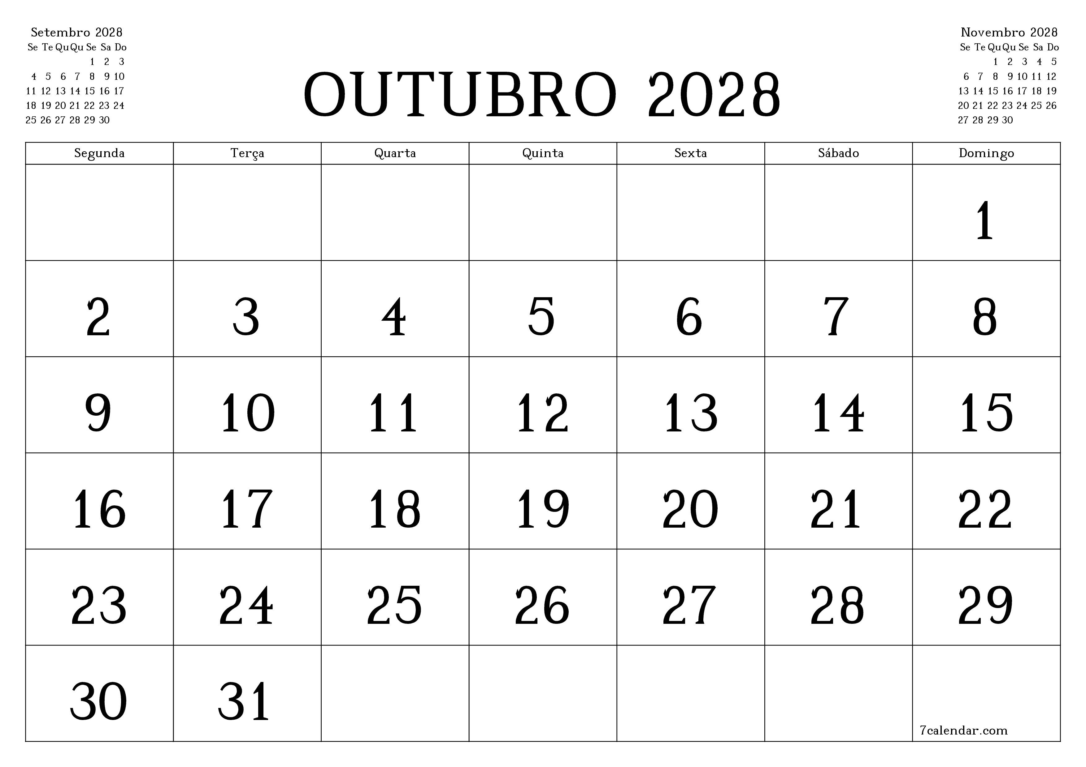 Esvazie o planejador mensal para o mês Outubro 2028 com notas, salve e imprima em PDF PNG Portuguese