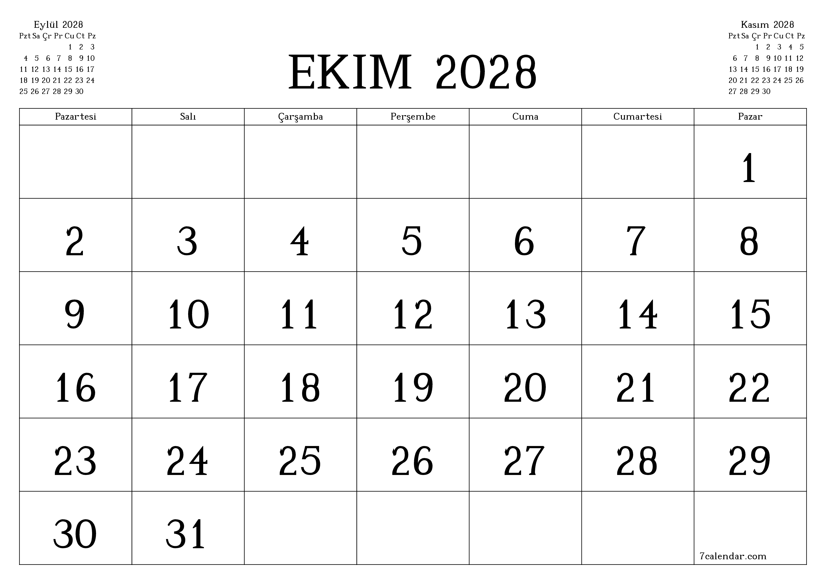 Ekim 2028 ayı için notlarla birlikte boş aylık planlayıcı, kaydedin ve PDF'ye yazdırın PNG Turkish