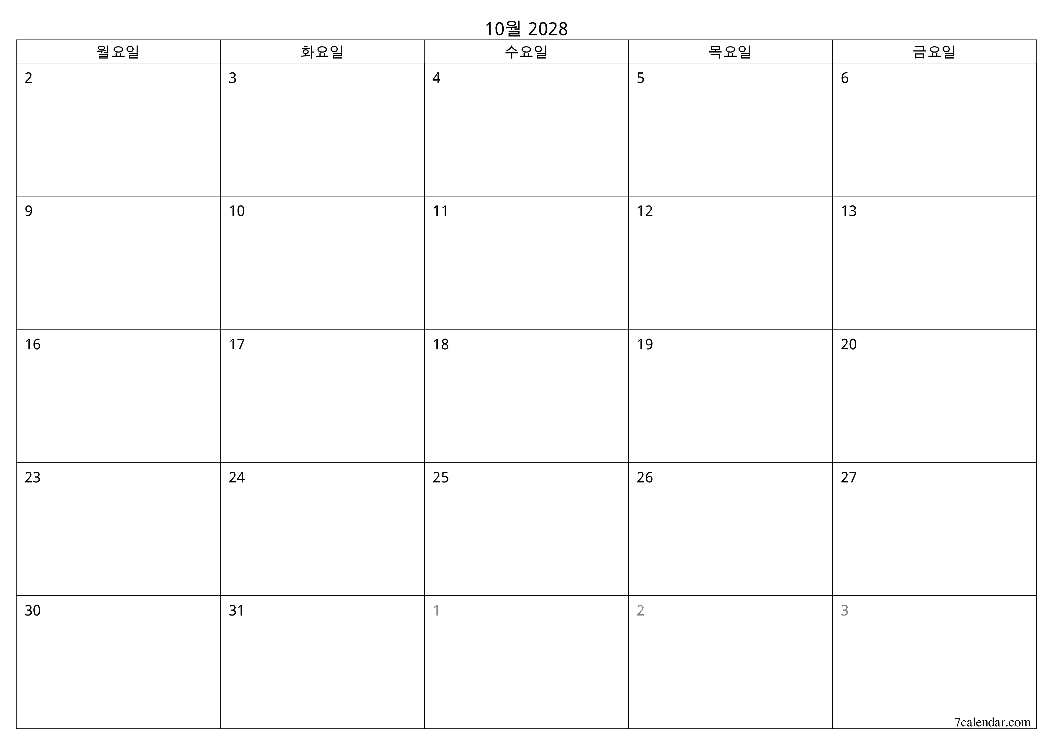 메모가있는 10월 2028 월의 월간 플래너 비우기, PDF PNG Korean-7calendar.com으로 저장 및 인쇄