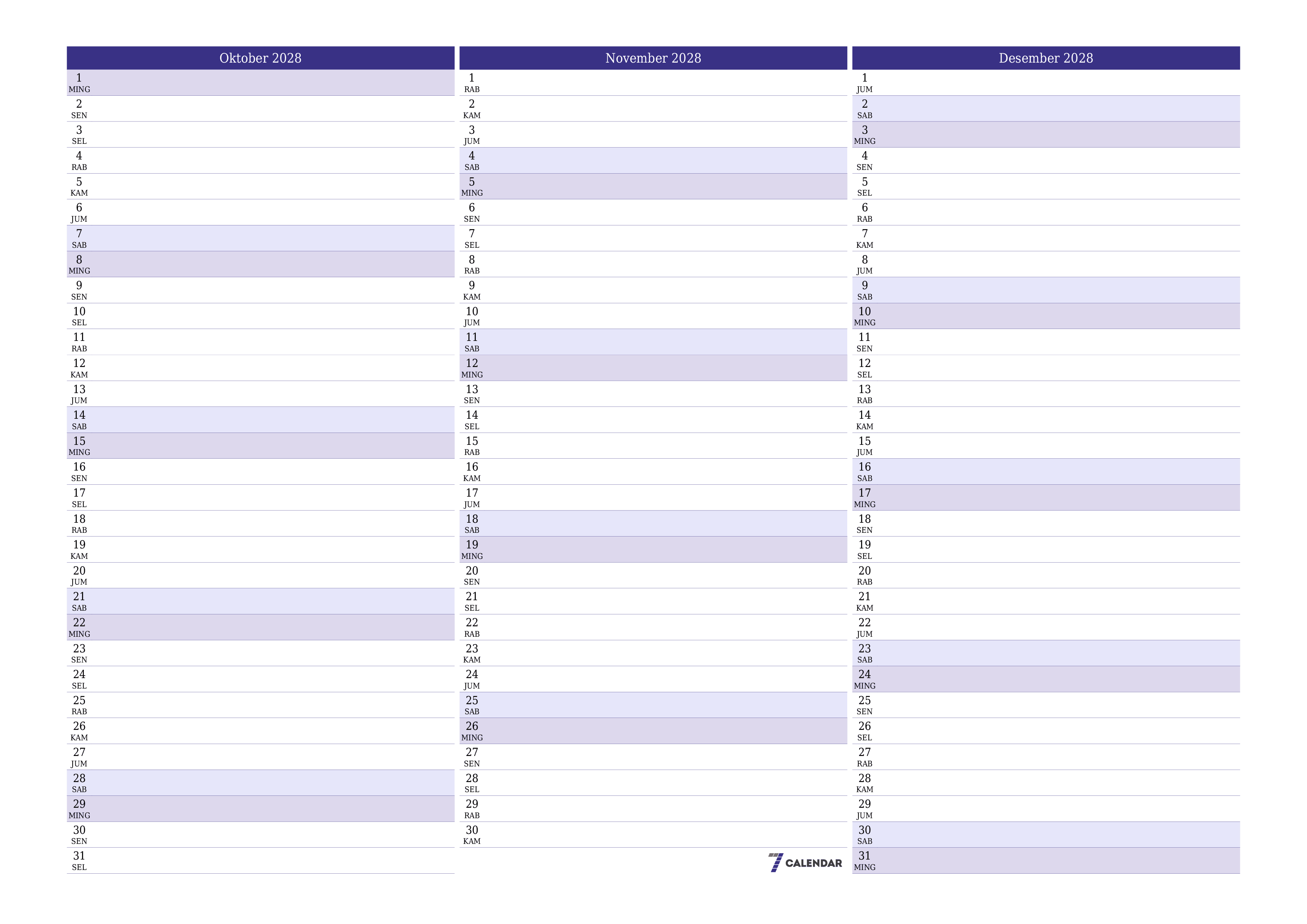 Kosongkan agenda bulanan untuk bulan Oktober 2028 dengan catatan, simpan dan cetak ke PDF PNG Indonesian