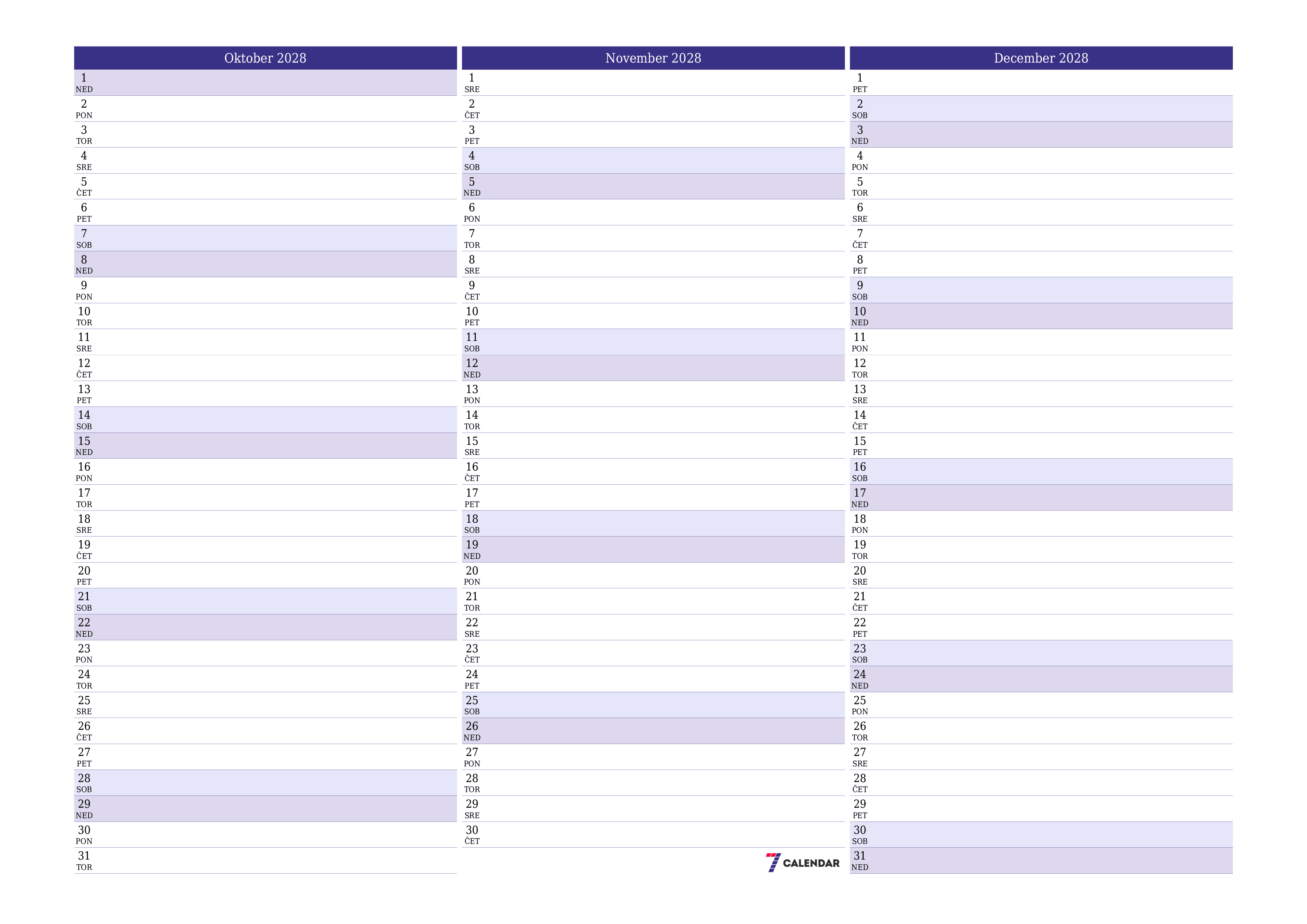 Prazen mesečni načrtovalec koledarja za mesec Oktober 2028 z opombami, natisnjenimi v PDF PNG Slovenian