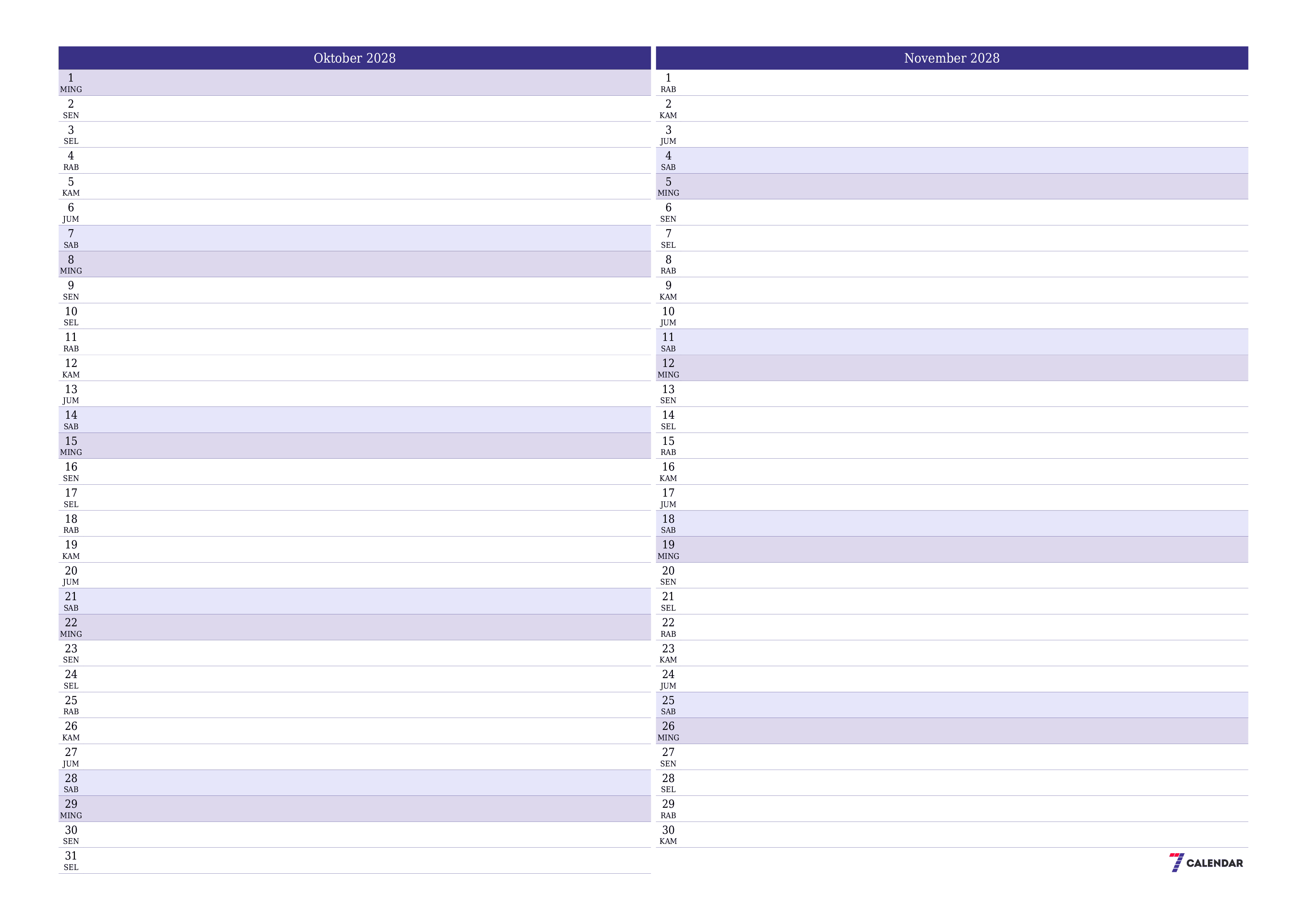 Kosongkan agenda bulanan untuk bulan Oktober 2028 dengan catatan, simpan dan cetak ke PDF PNG Indonesian
