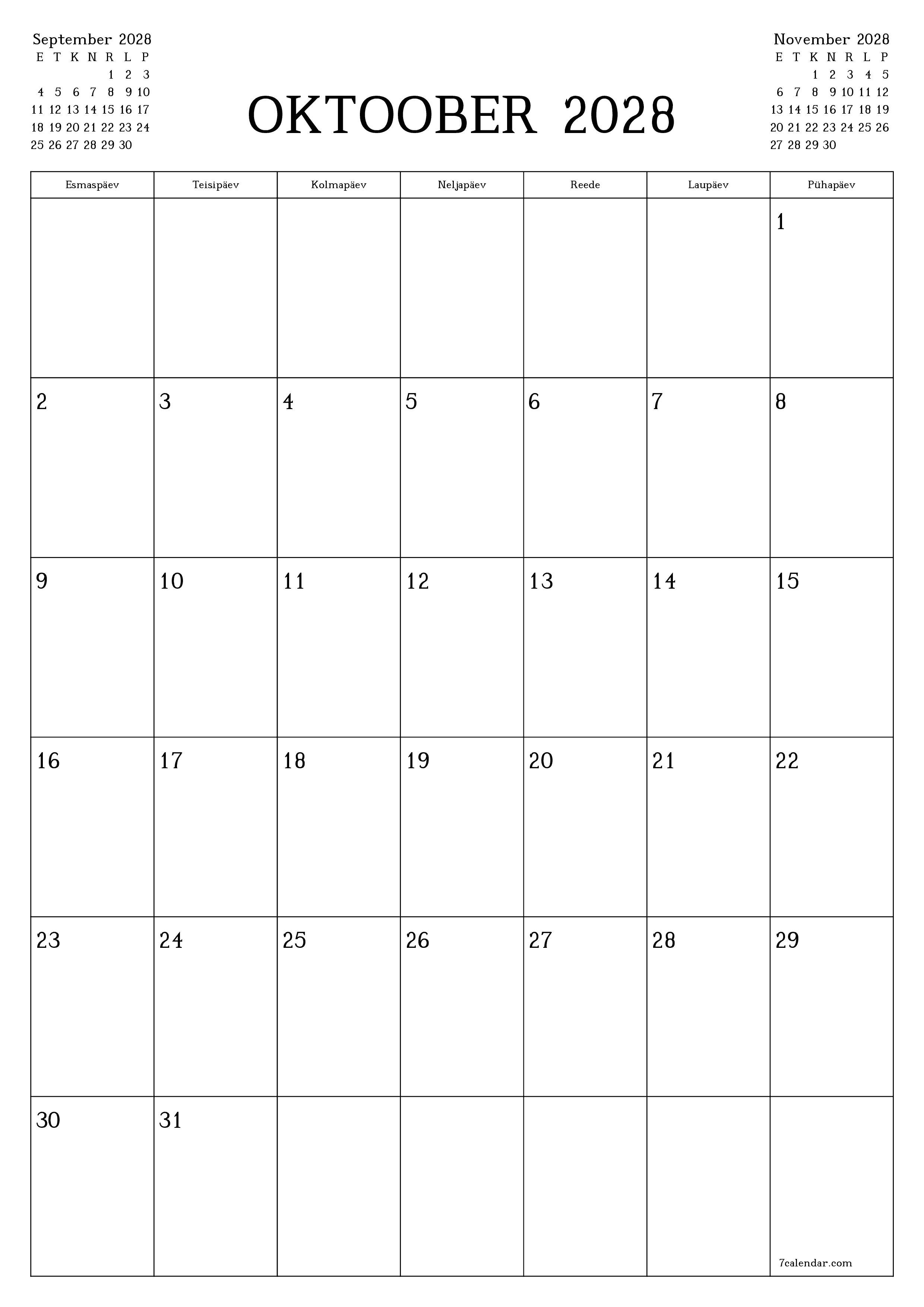 prinditav seina kalendri mall tasuta vertikaalne Igakuine planeerija kalender Oktoober (Okt) 2028