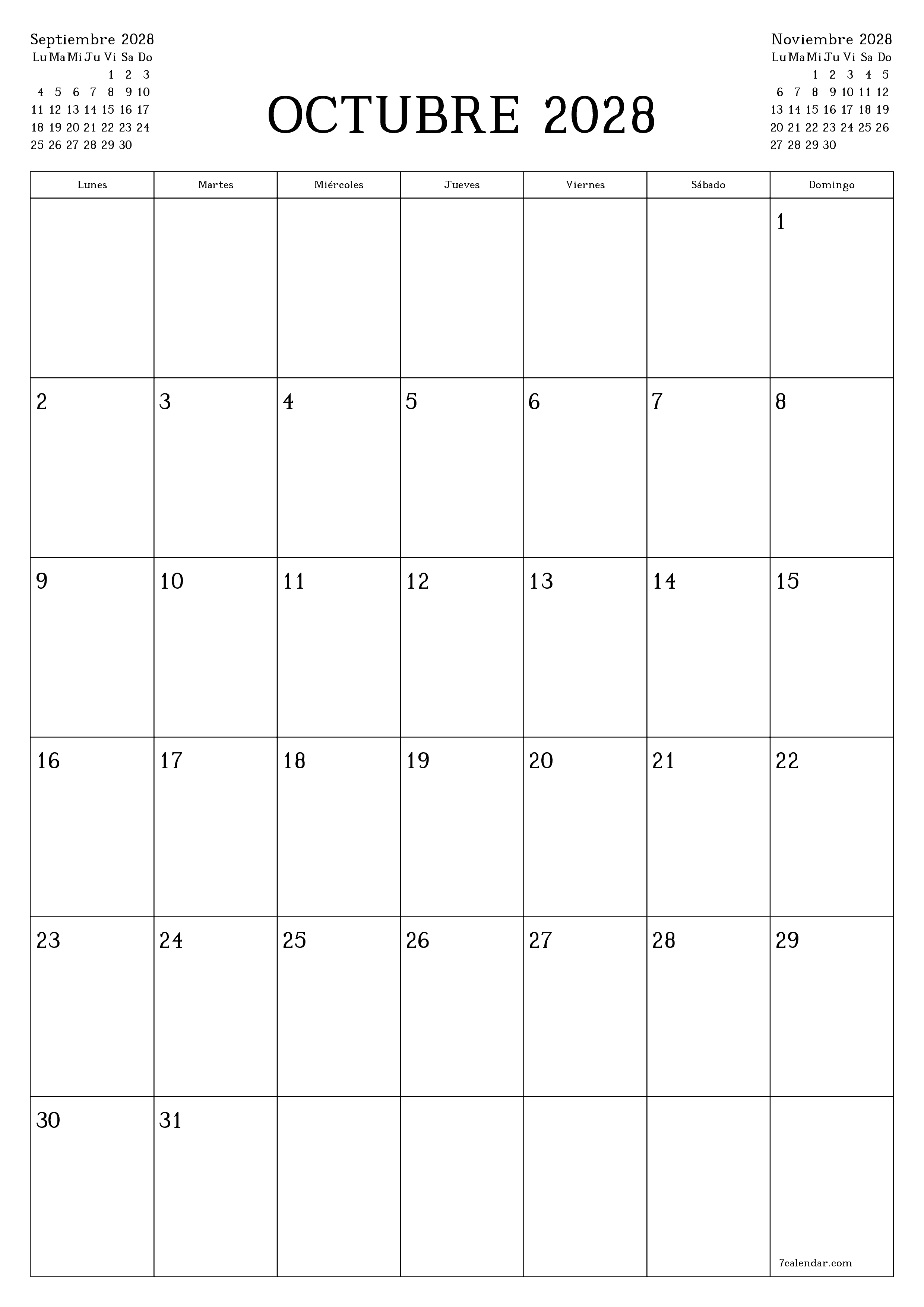 Planificador mensual vacío para el mes Octubre 2028 con notas, guardar e imprimir en PDF PNG Spanish