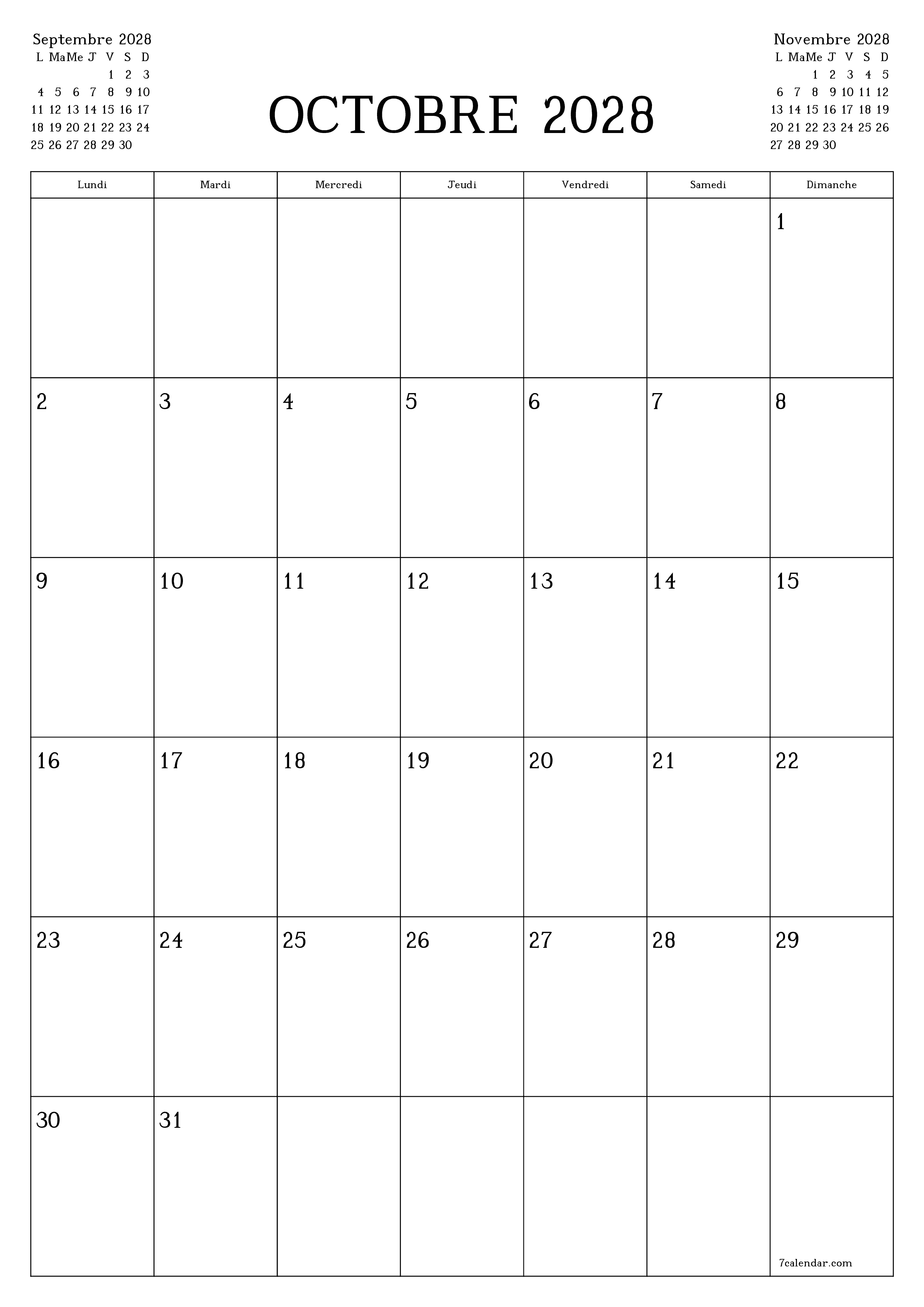  imprimable mural modèle de gratuitverticale Mensuel planificateur calendrier Octobre (Oct) 2028