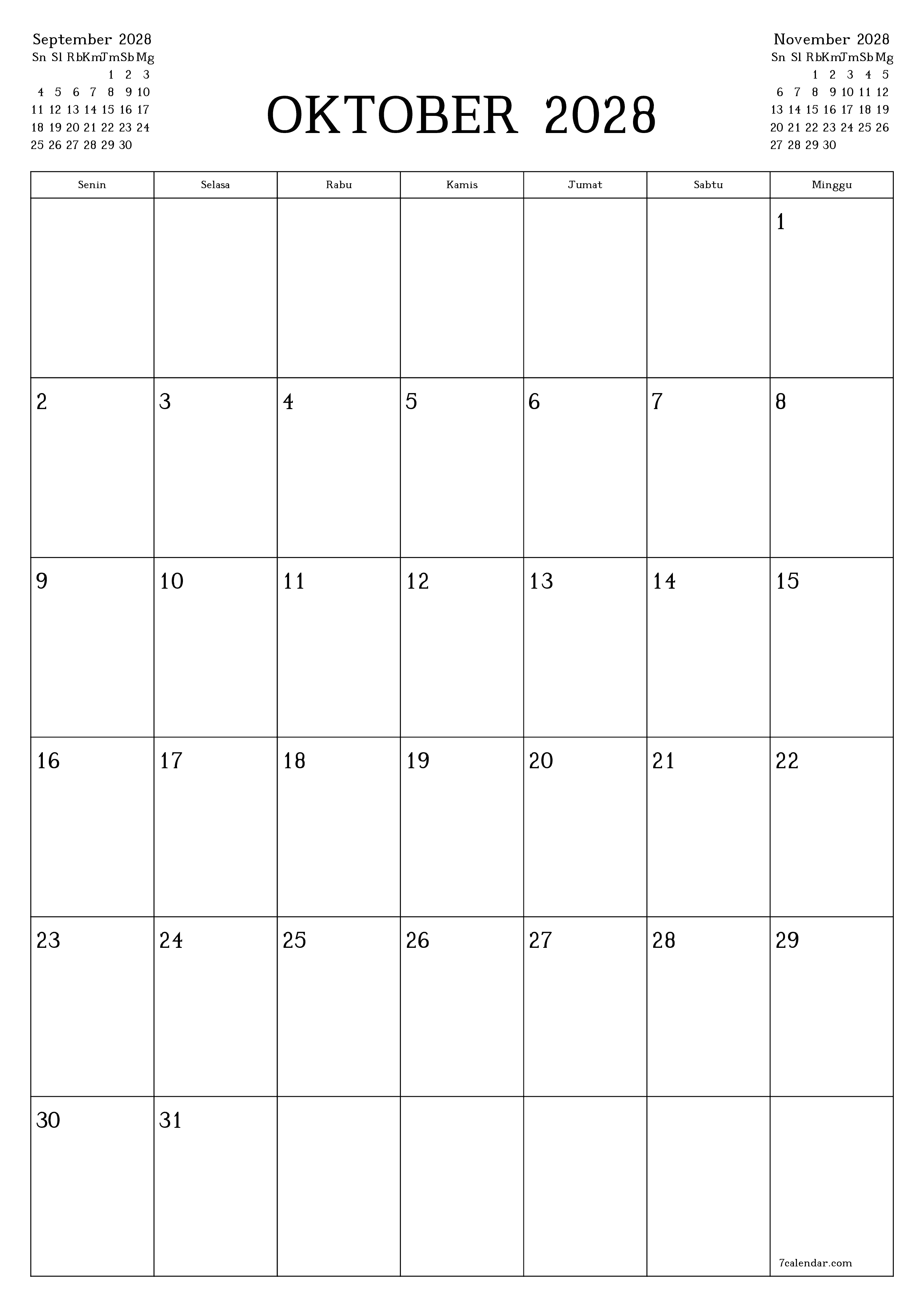 Kosongkan agenda bulanan untuk bulan Oktober 2028 dengan catatan, simpan dan cetak ke PDF PNG Indonesian