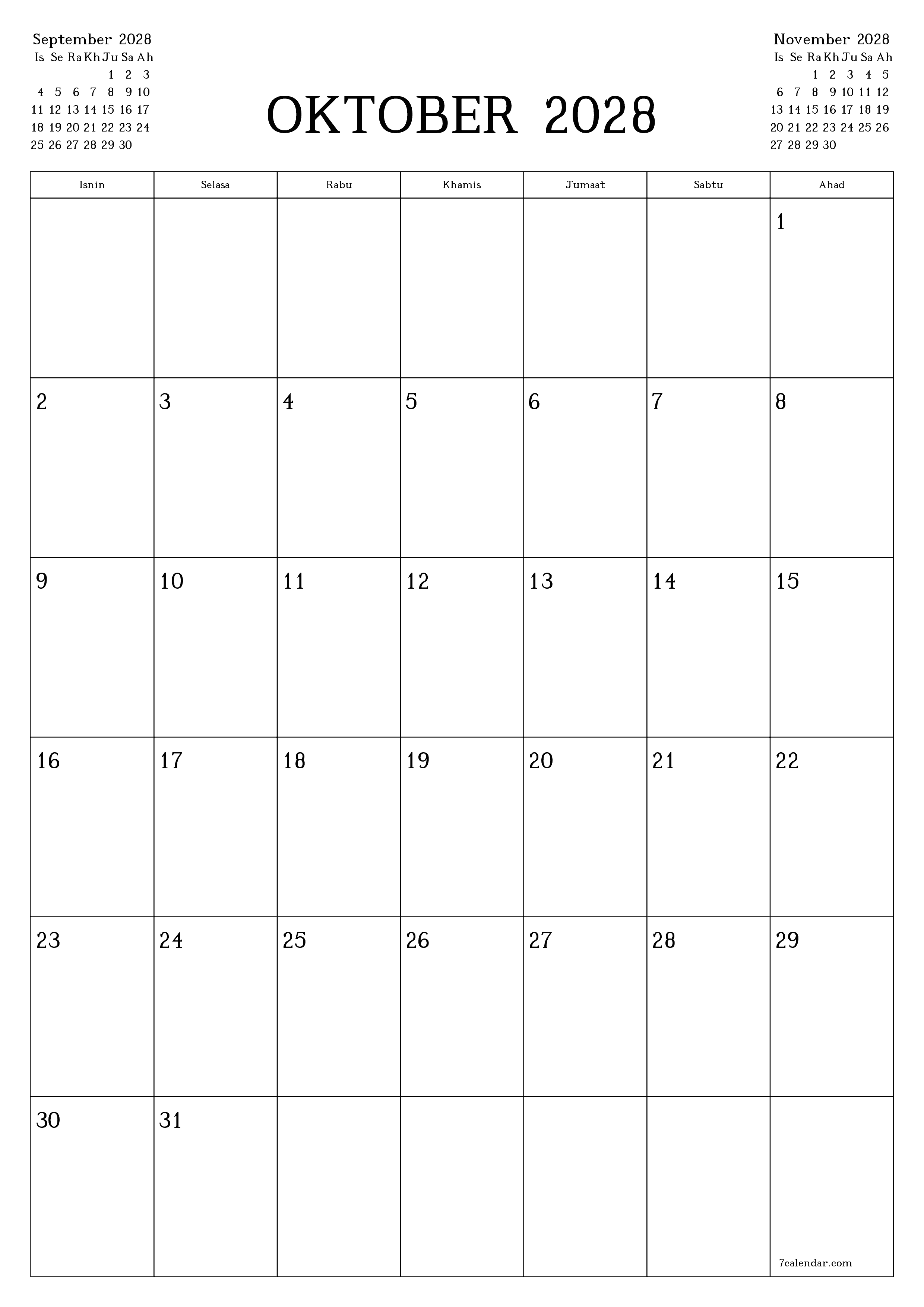Perancang bulanan kosong untuk bulan Oktober 2028 dengan nota, simpan dan cetak ke PDF PNG Malay