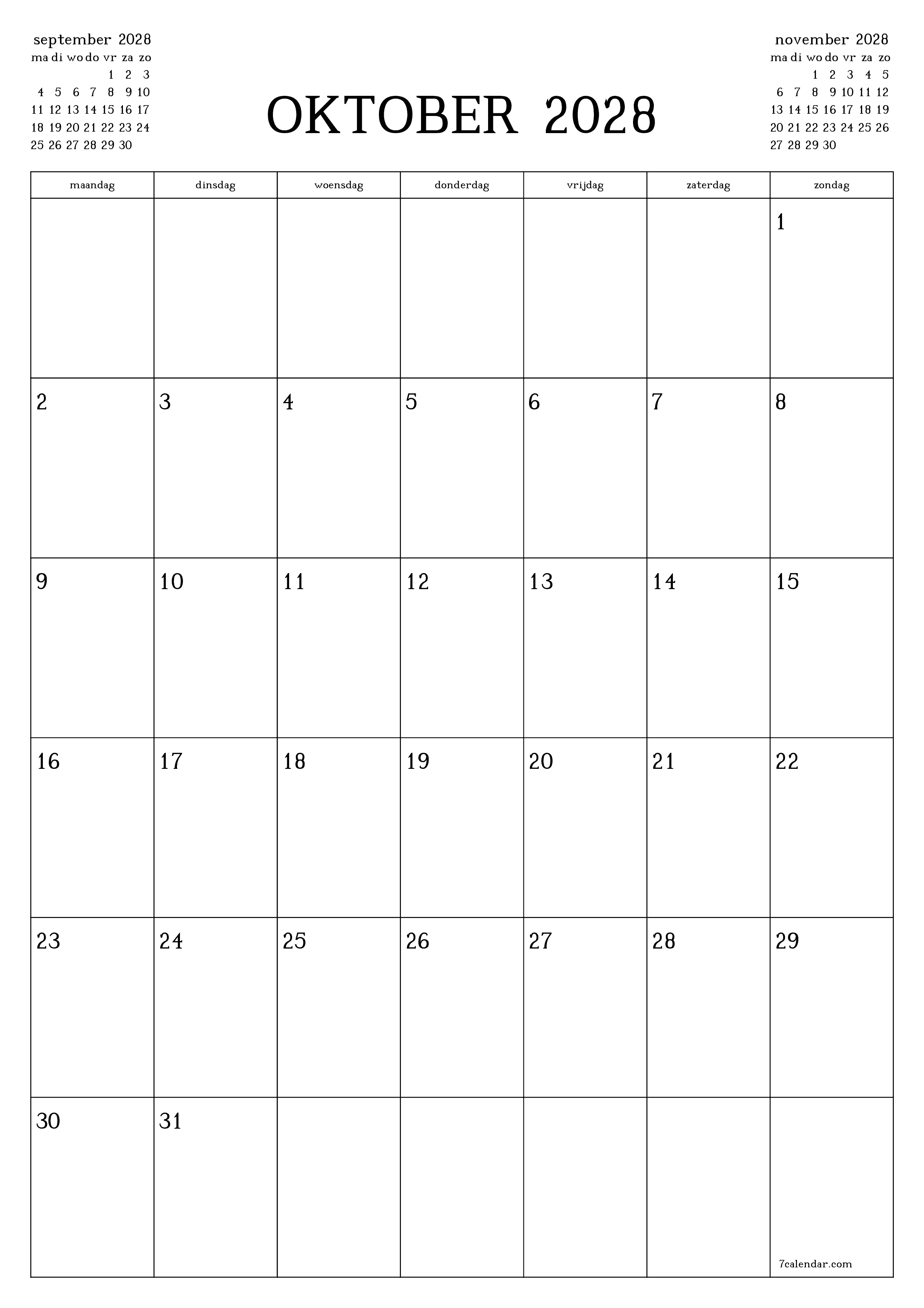 Lege maandplanner voor maand oktober 2028 met notities, opslaan en afdrukken naar pdf PNG Dutch