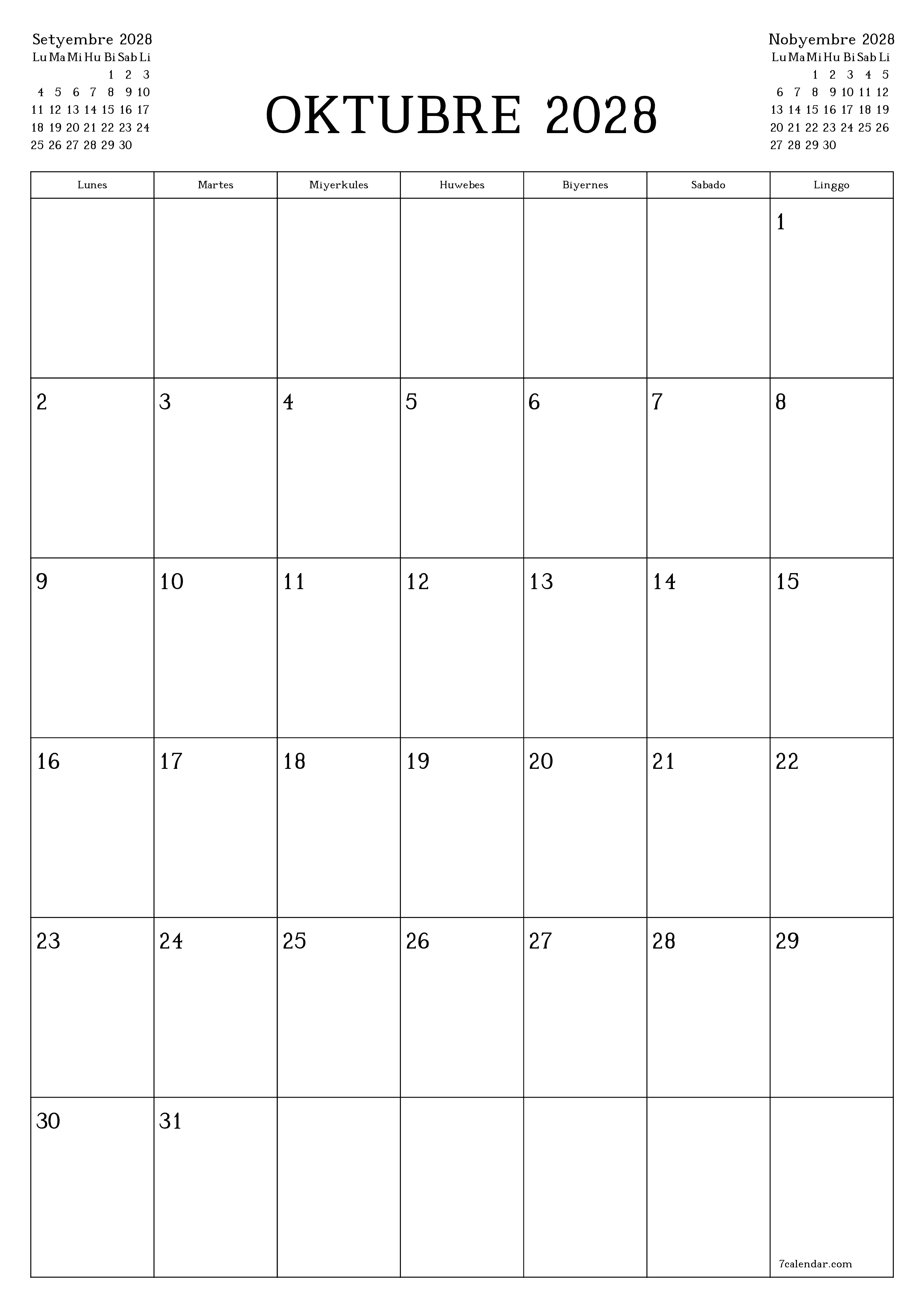 Walang laman na buwanang tagaplano para sa buwan na Oktubre 2028 na may mga tala, i-save at i-print sa PDF PNG Filipino