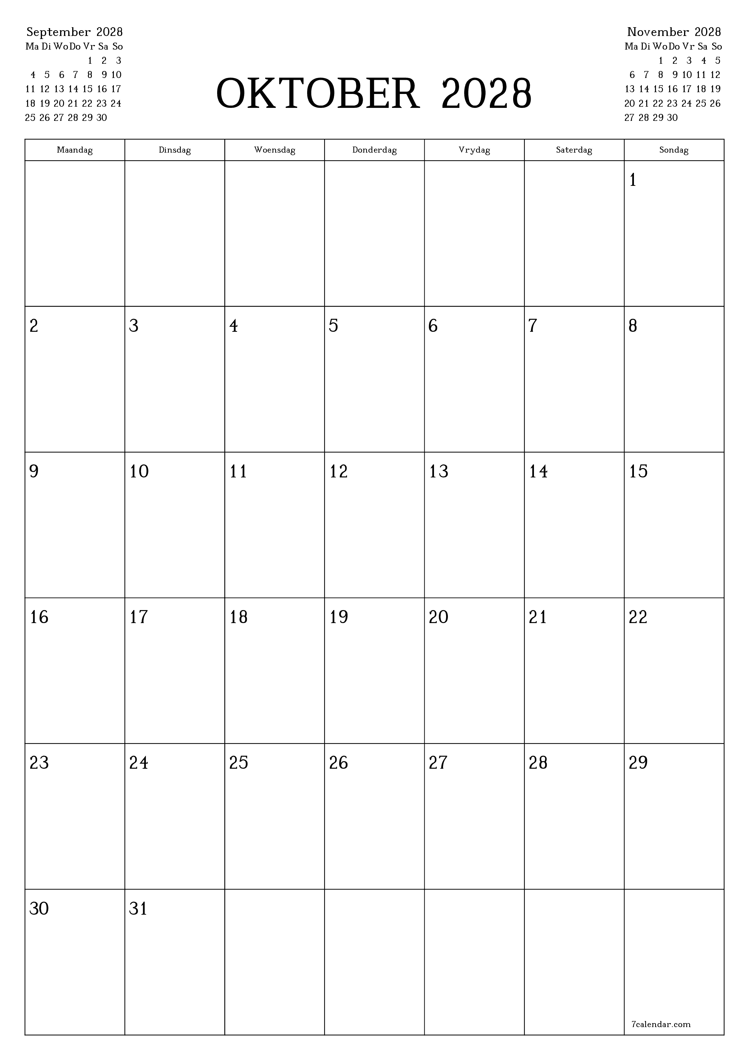 Leë maandelikse drukbare kalender en beplanner vir maand Oktober 2028 met notas stoor en druk na PDF PNG Afrikaans