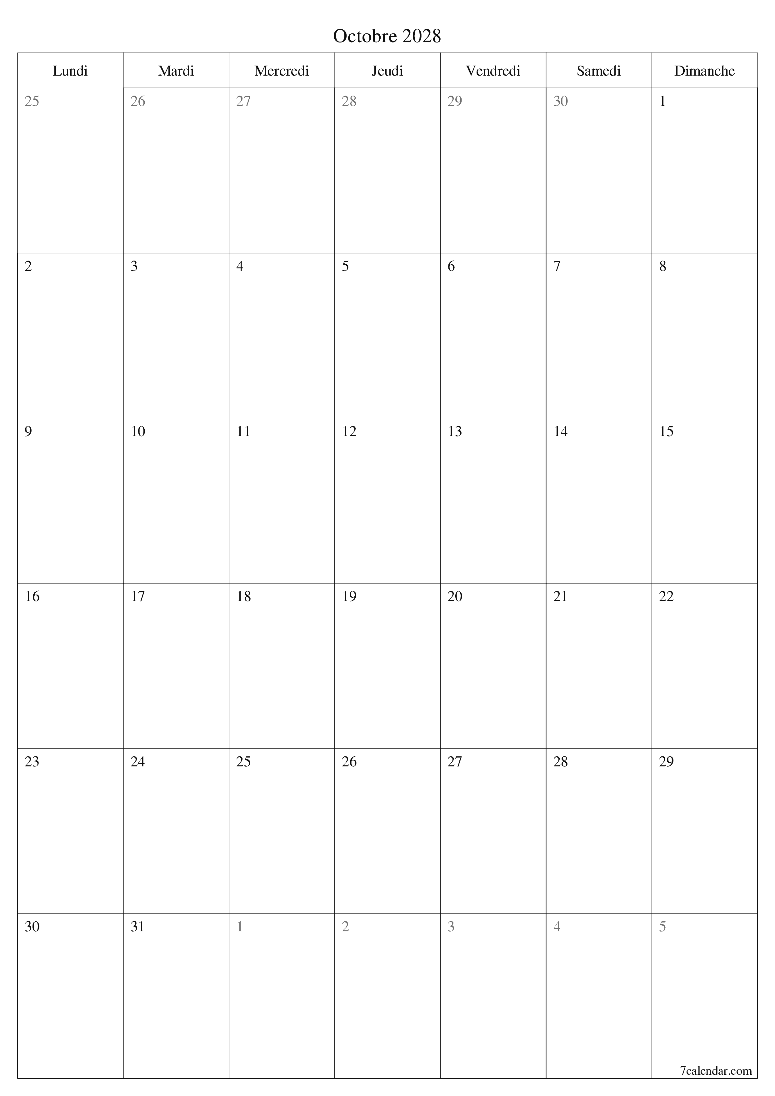 Agenda mensuel vide pour le mois Octobre 2028 avec notes, enregistrez et imprimez au format PDF PNG French