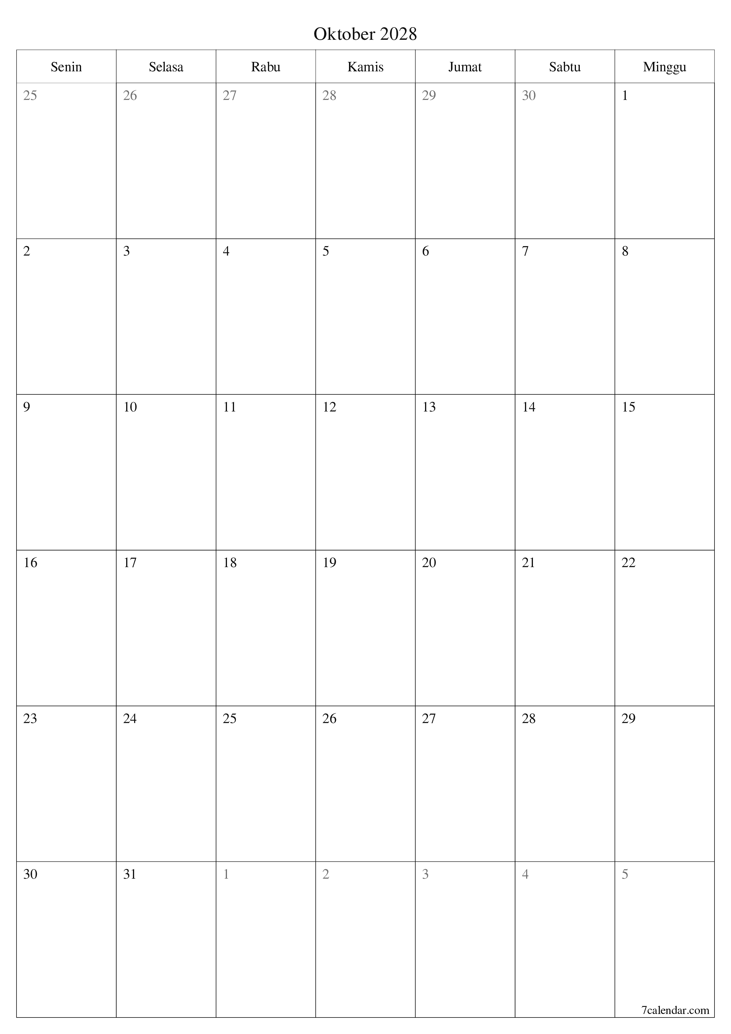 Kosongkan agenda bulanan untuk bulan Oktober 2028 dengan catatan, simpan dan cetak ke PDF PNG Indonesian