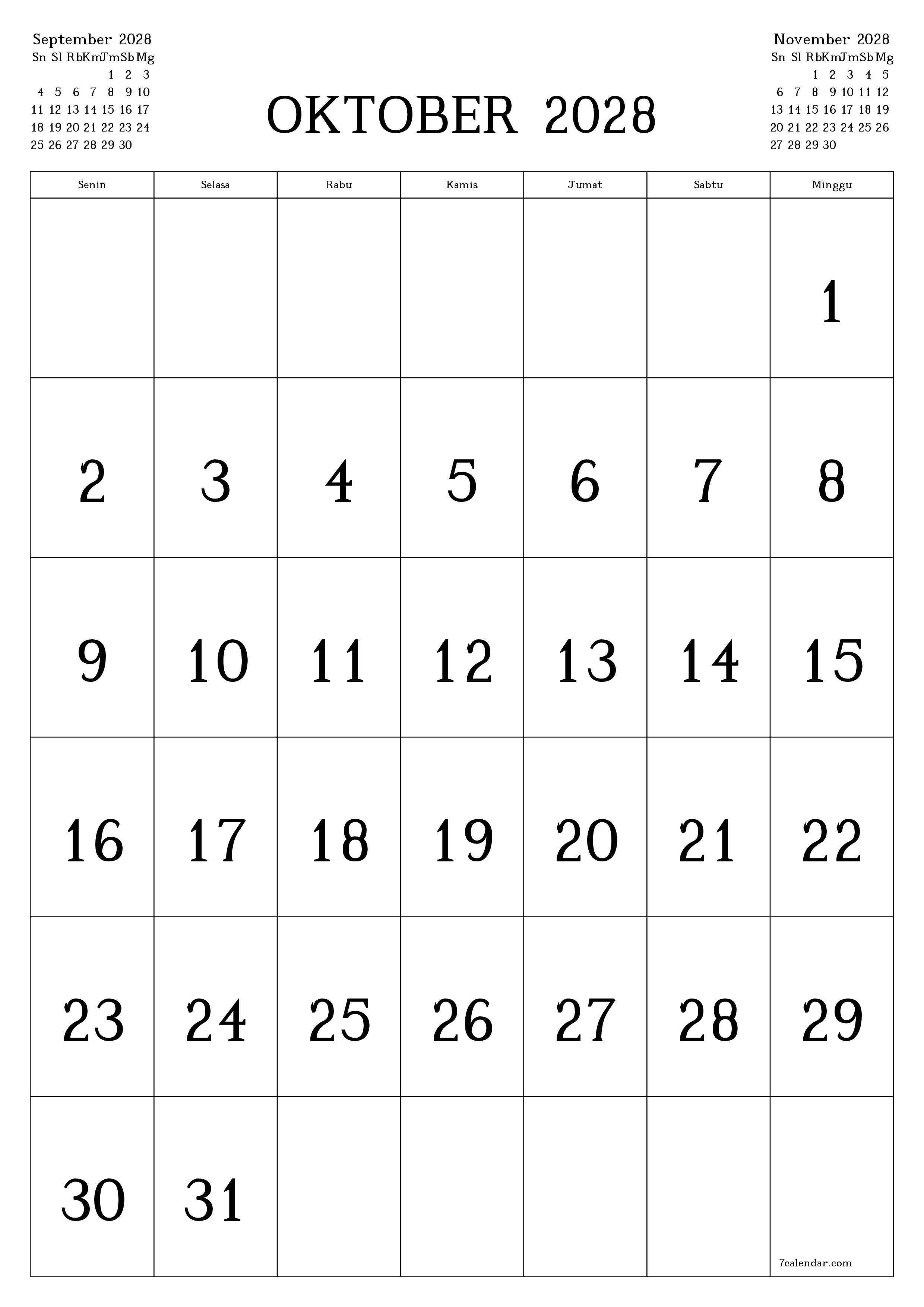 Kosongkan agenda bulanan untuk bulan Oktober 2028 dengan catatan, simpan dan cetak ke PDF PNG Indonesian