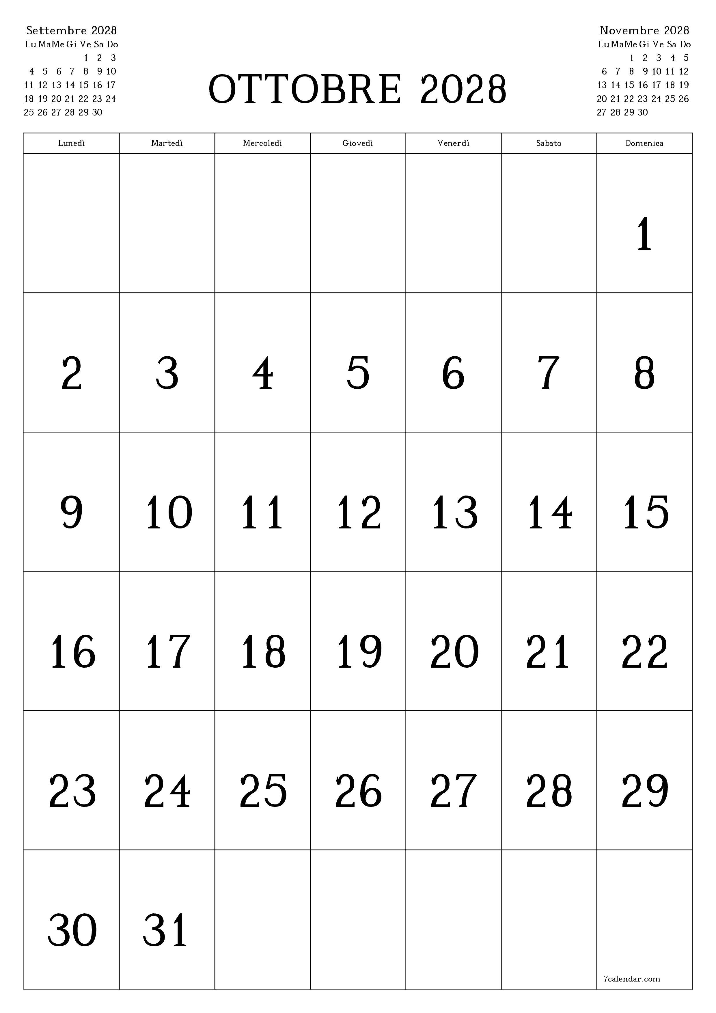 Pianificatore mensile vuoto per il mese Ottobre 2028 con note, salva e stampa in PDF PNG Italian