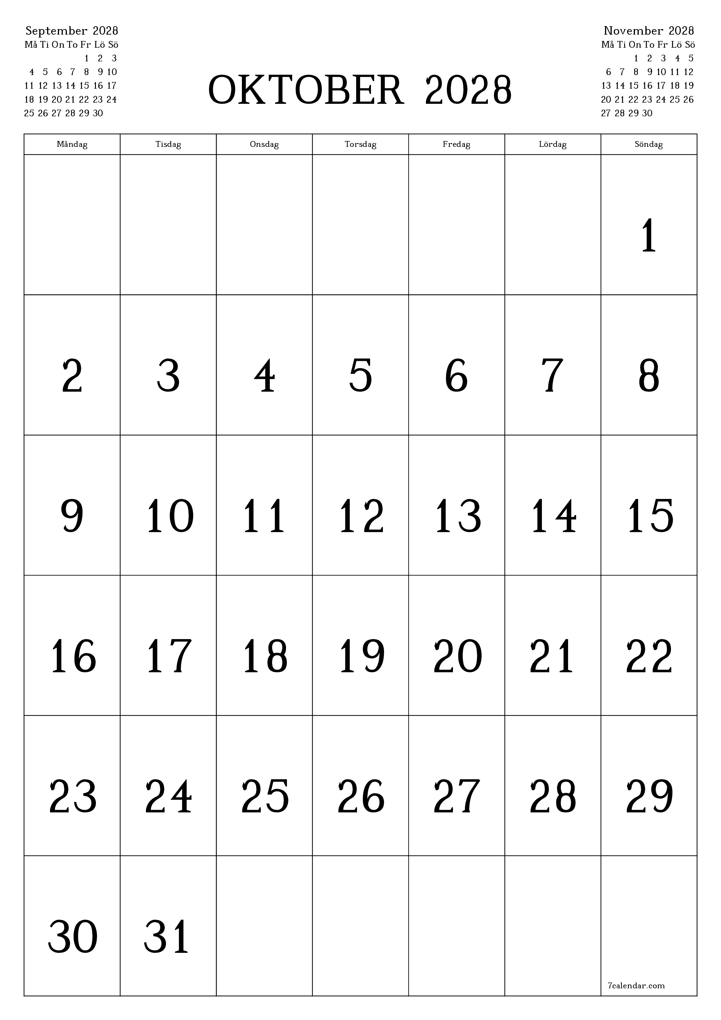 Tom månadsplanerare för månad Oktober 2028 med anteckningar, spara och skriv ut till PDF PNG Swedish