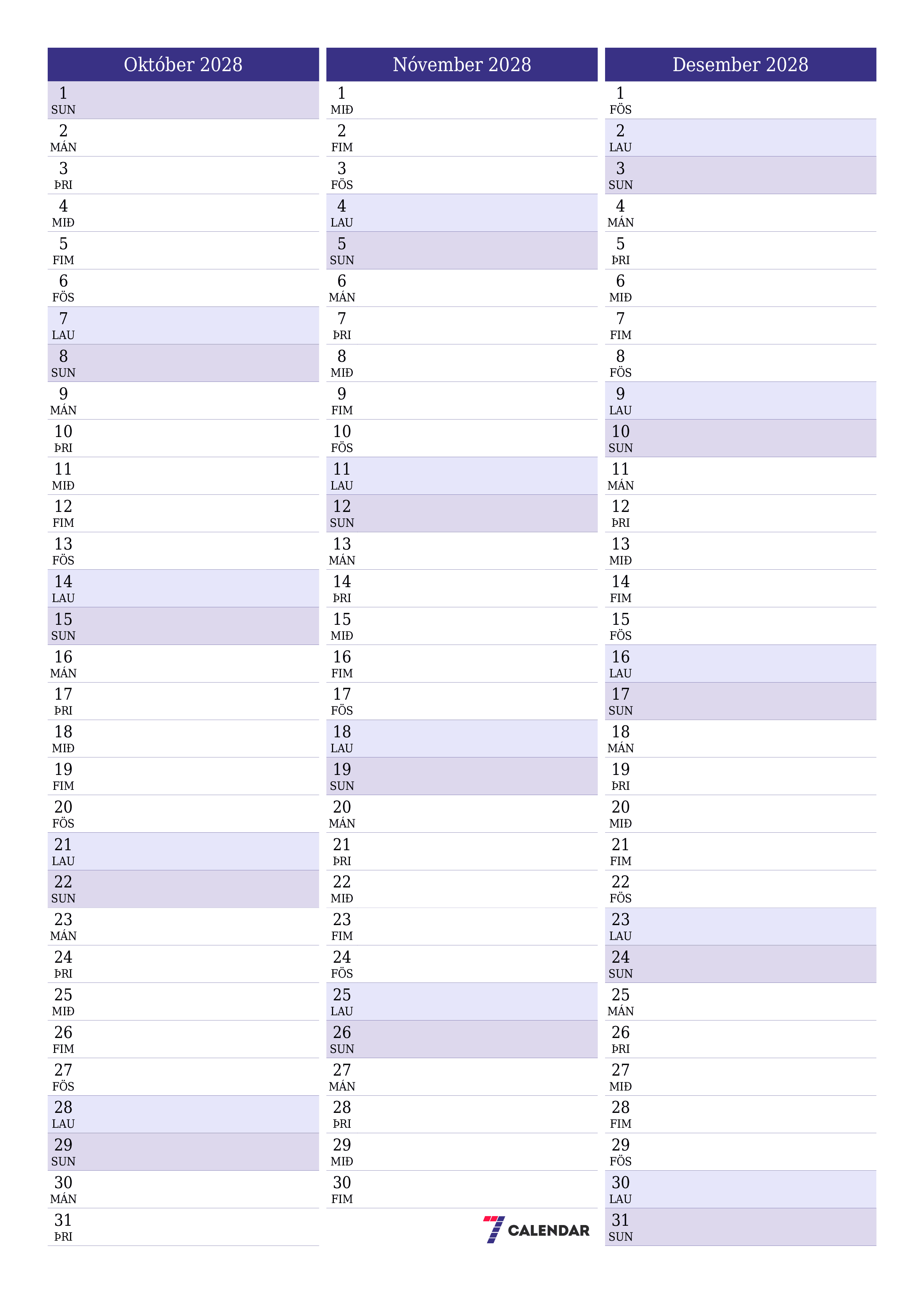 Tómur mánaðarlegur skipuleggjandi fyrir mánuðinn Október 2028 með athugasemdum, vista og prenta á PDF PNG Icelandic