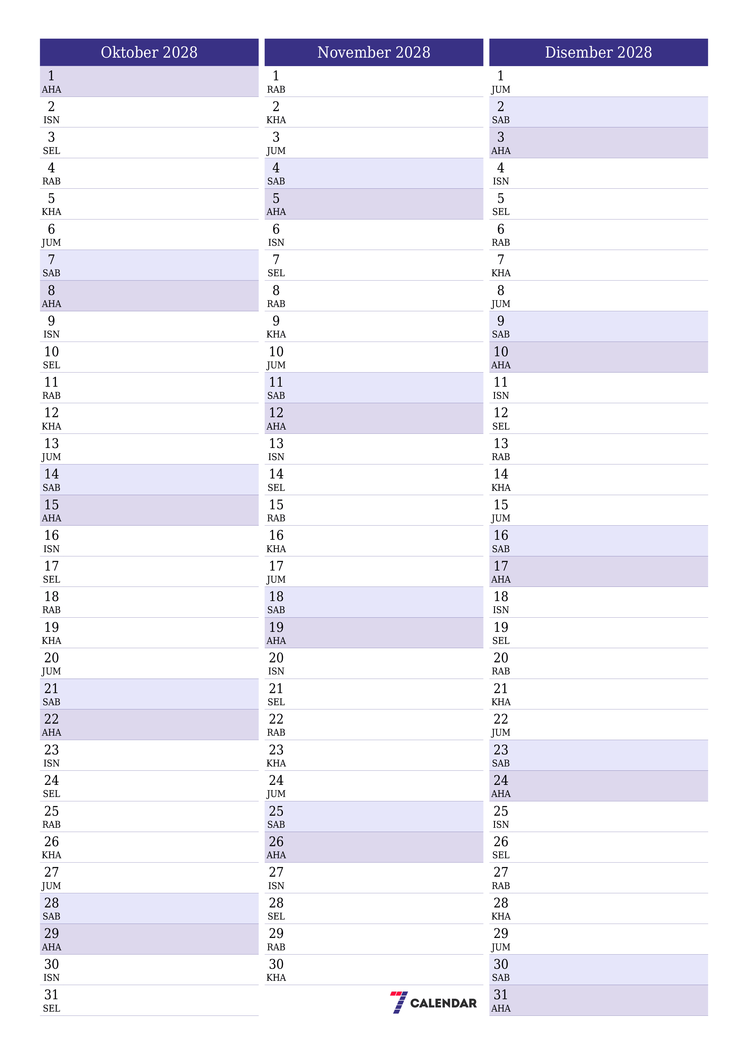 Perancang bulanan kosong untuk bulan Oktober 2028 dengan nota, simpan dan cetak ke PDF PNG Malay