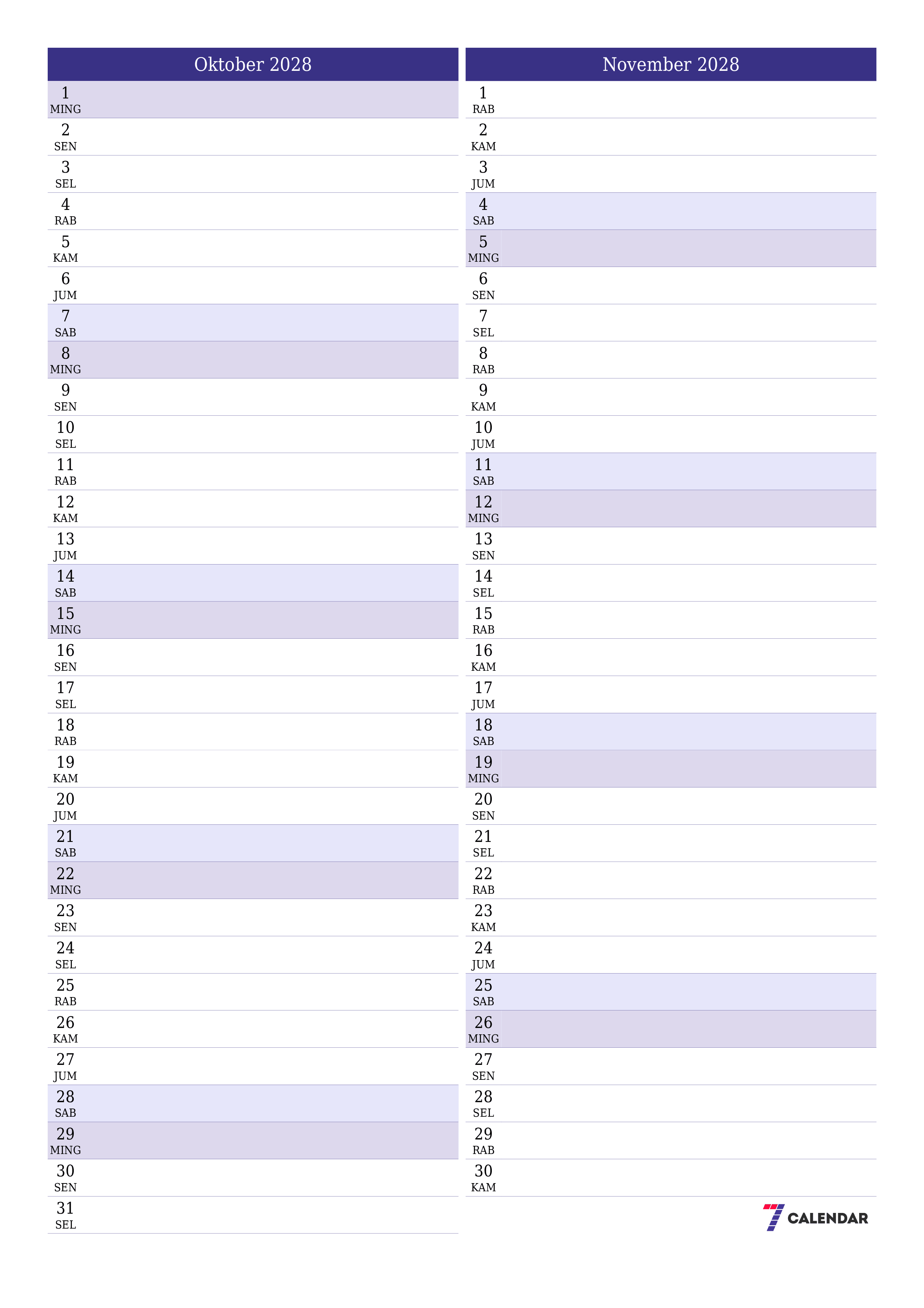 Kosongkan agenda bulanan untuk bulan Oktober 2028 dengan catatan, simpan dan cetak ke PDF PNG Indonesian