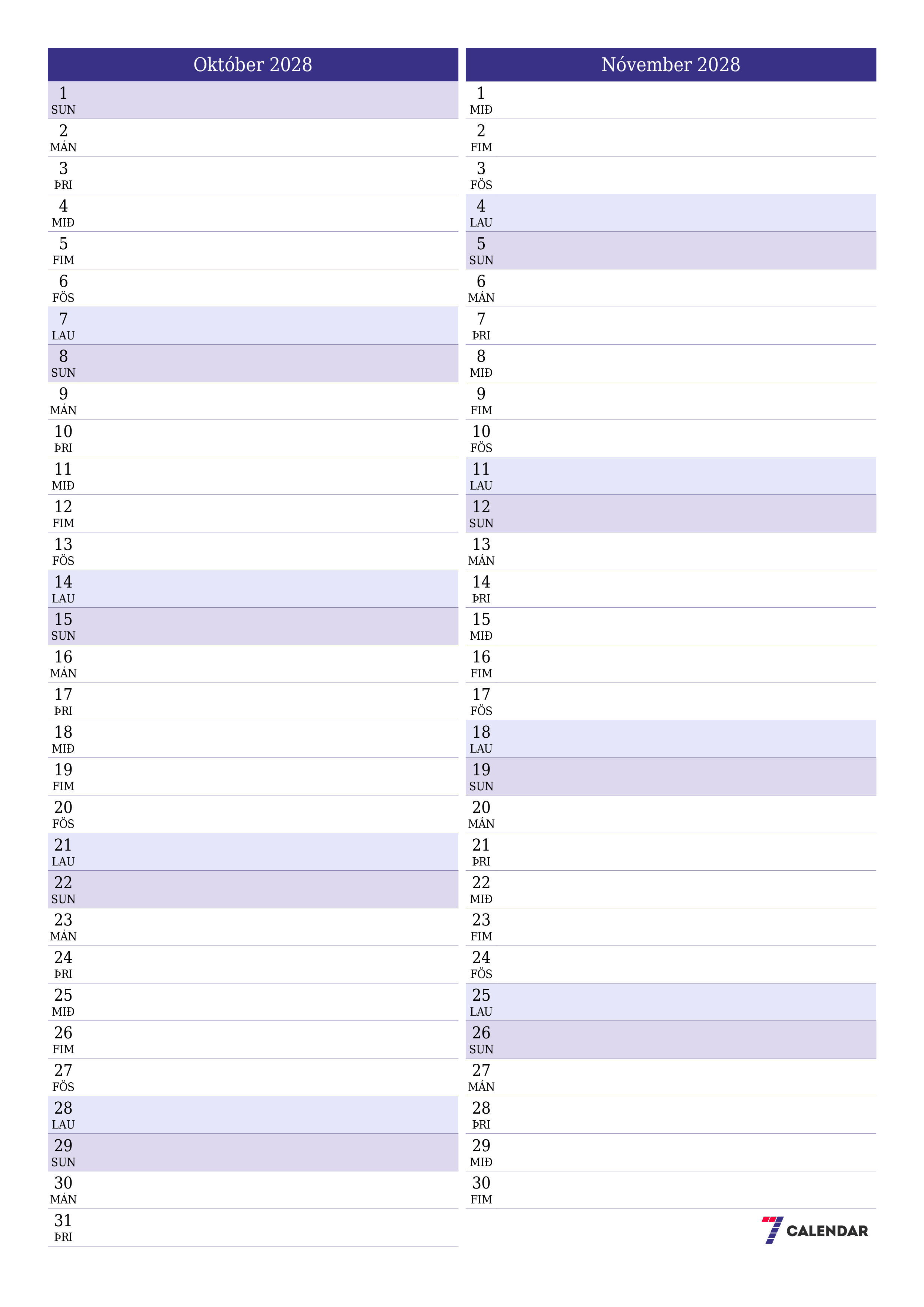 Tómur mánaðarlegur skipuleggjandi fyrir mánuðinn Október 2028 með athugasemdum, vista og prenta á PDF PNG Icelandic