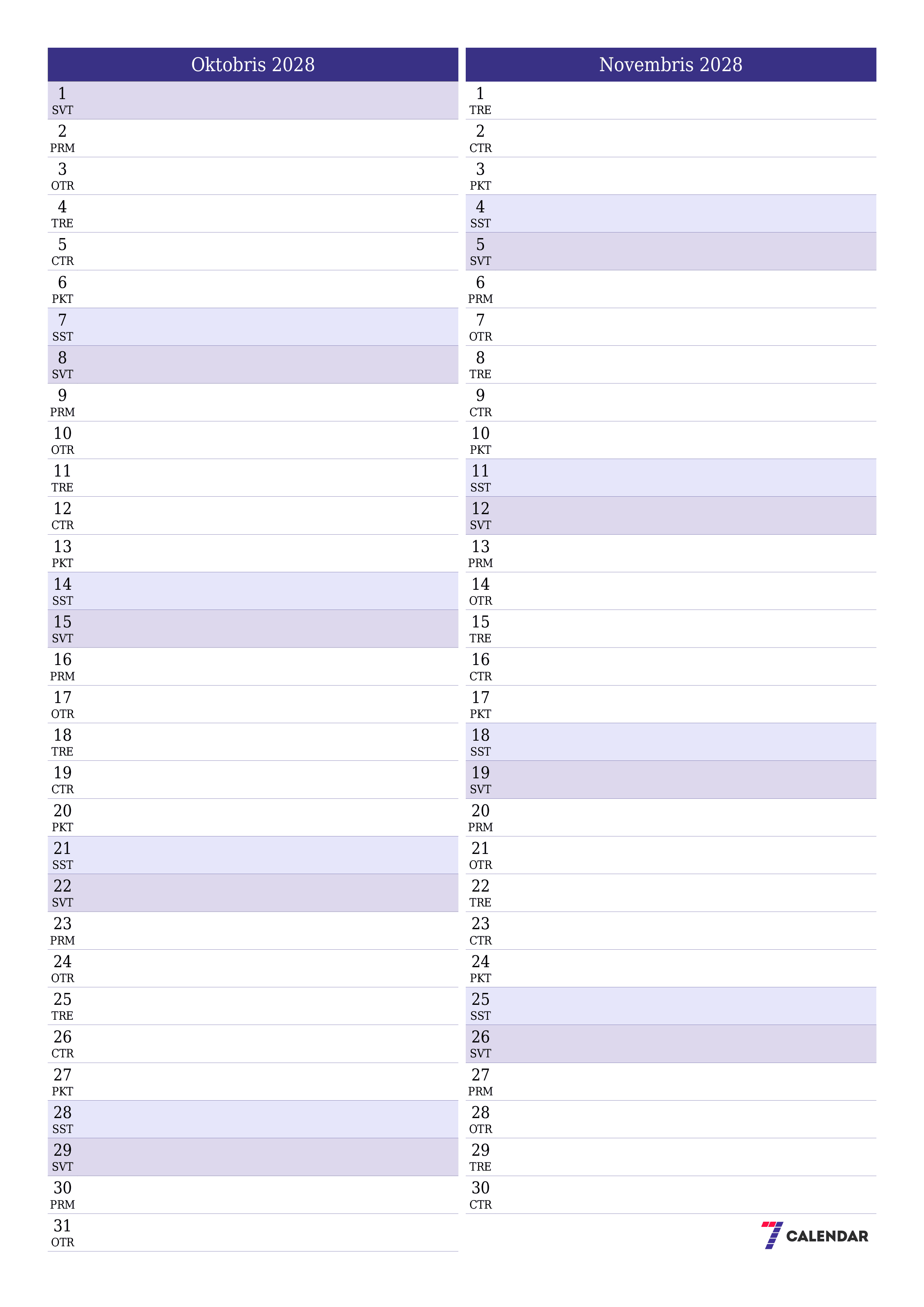 Iztukšot mēneša plānotāju mēnesim Oktobris 2028 ar piezīmēm, saglabāt un izdrukāt PDF formātā PNG Latvian
