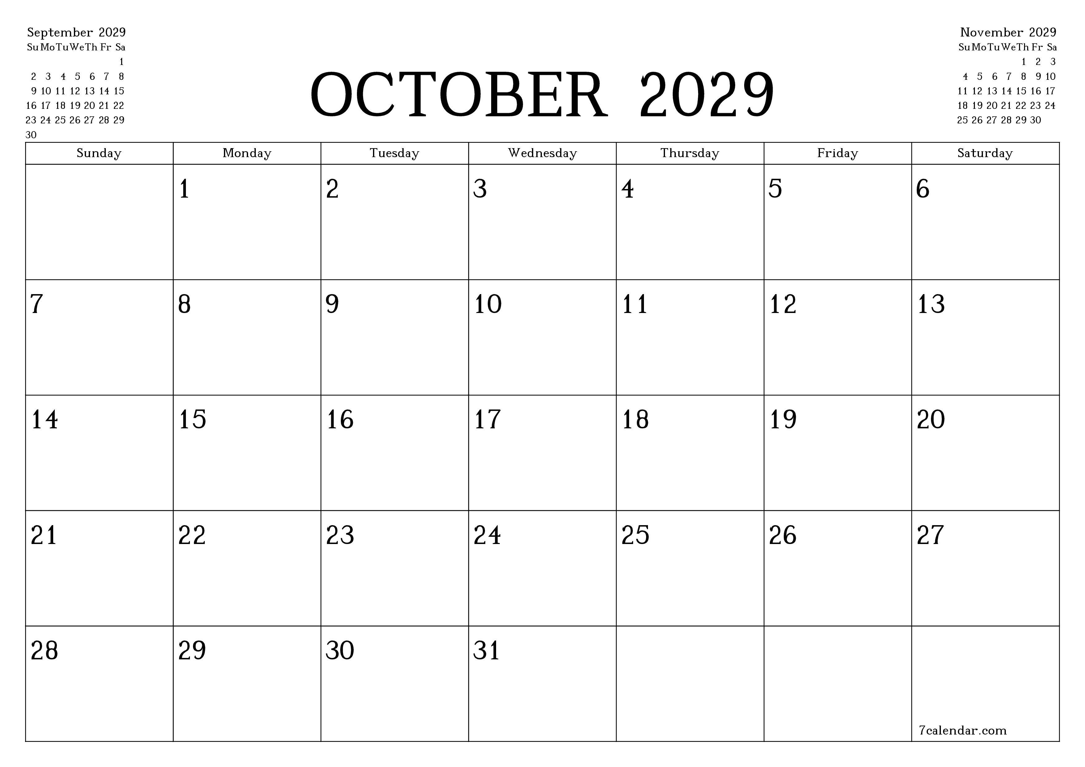 Blank calendar October 2029