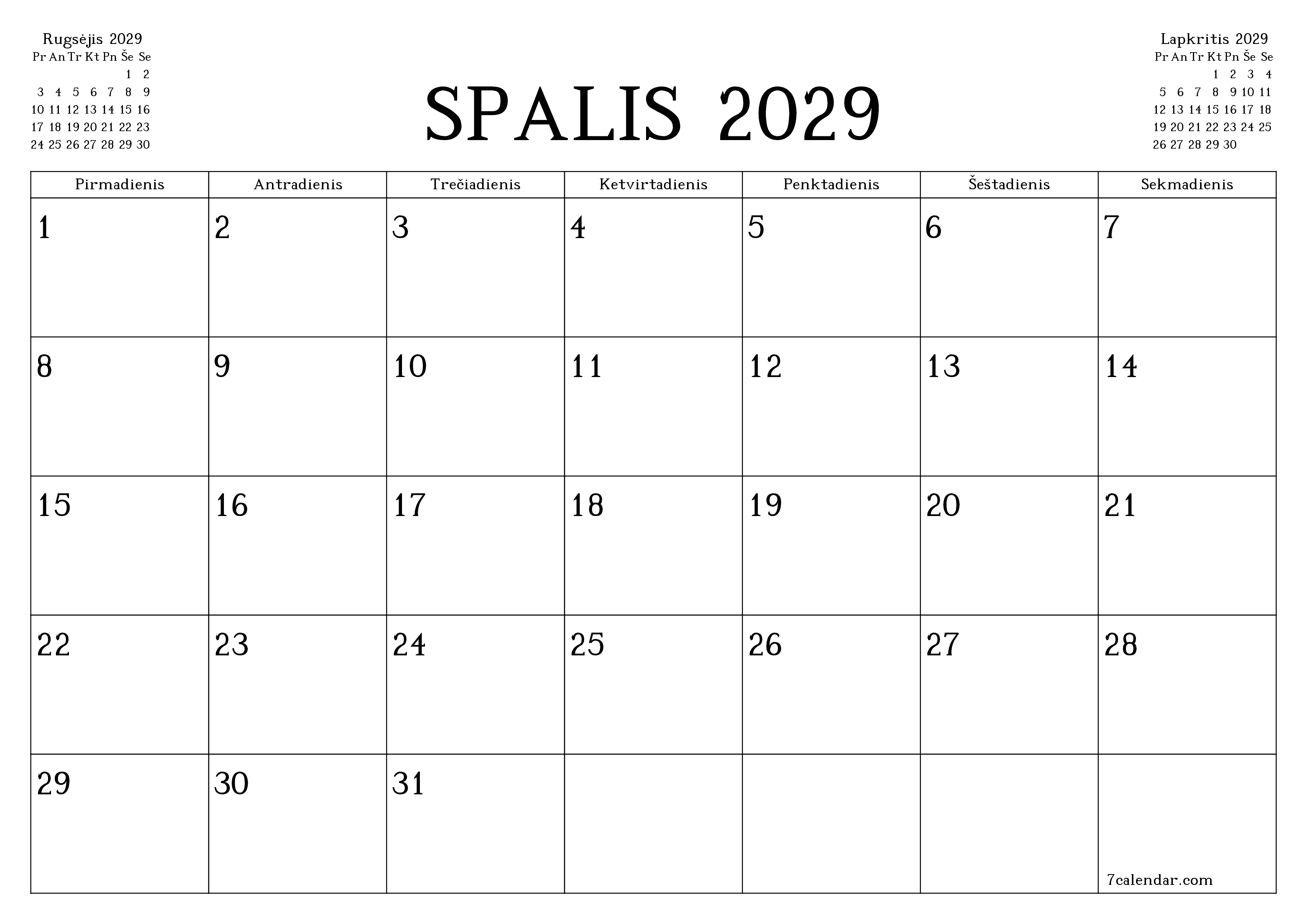 Ištuštinti mėnesio Spalis 2029 mėnesio planavimo priemonę su užrašais, išsaugoti ir atsispausdinti PDF formate PNG Lithuanian