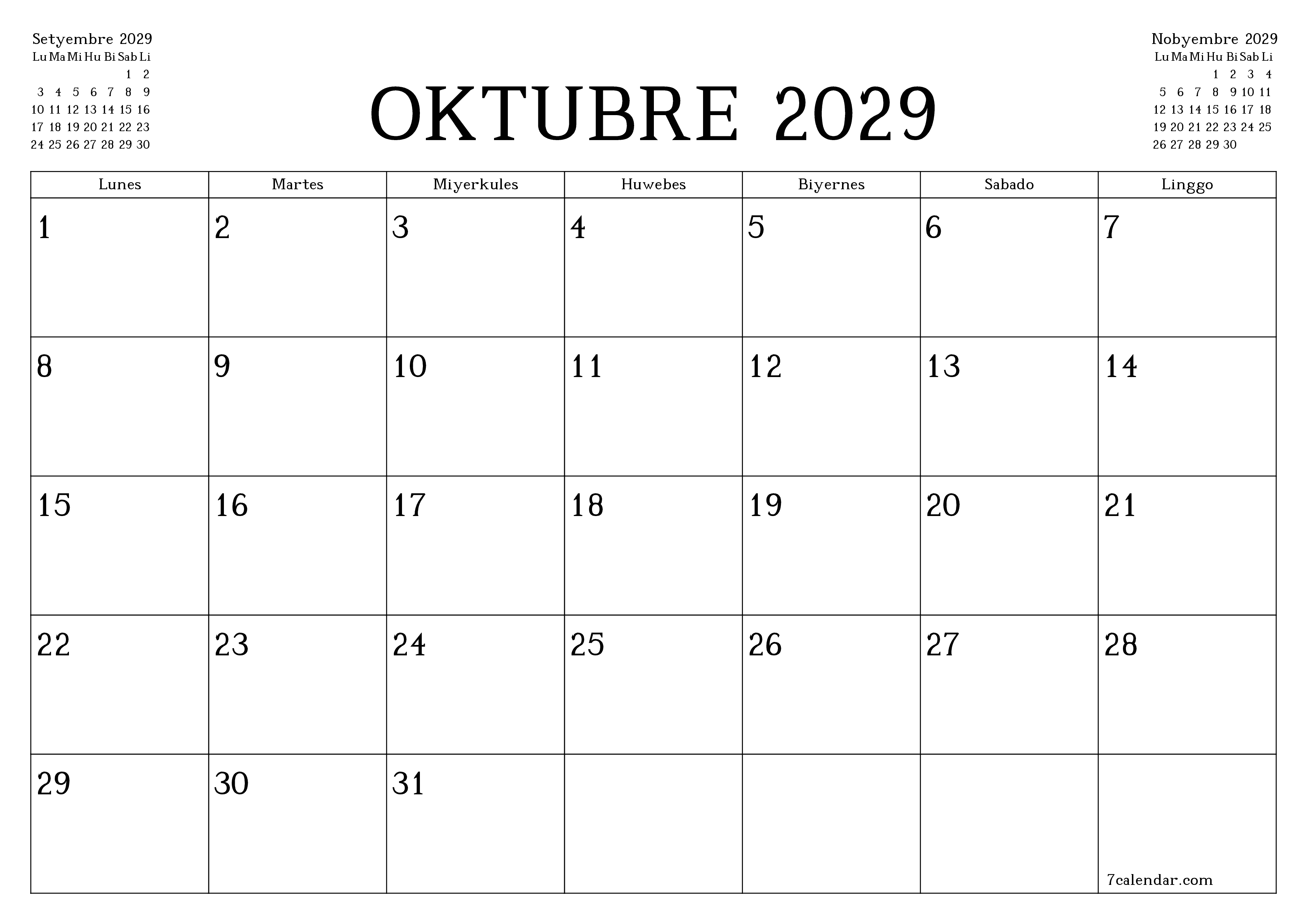 Walang laman na buwanang tagaplano para sa buwan na Oktubre 2029 na may mga tala, i-save at i-print sa PDF PNG Filipino