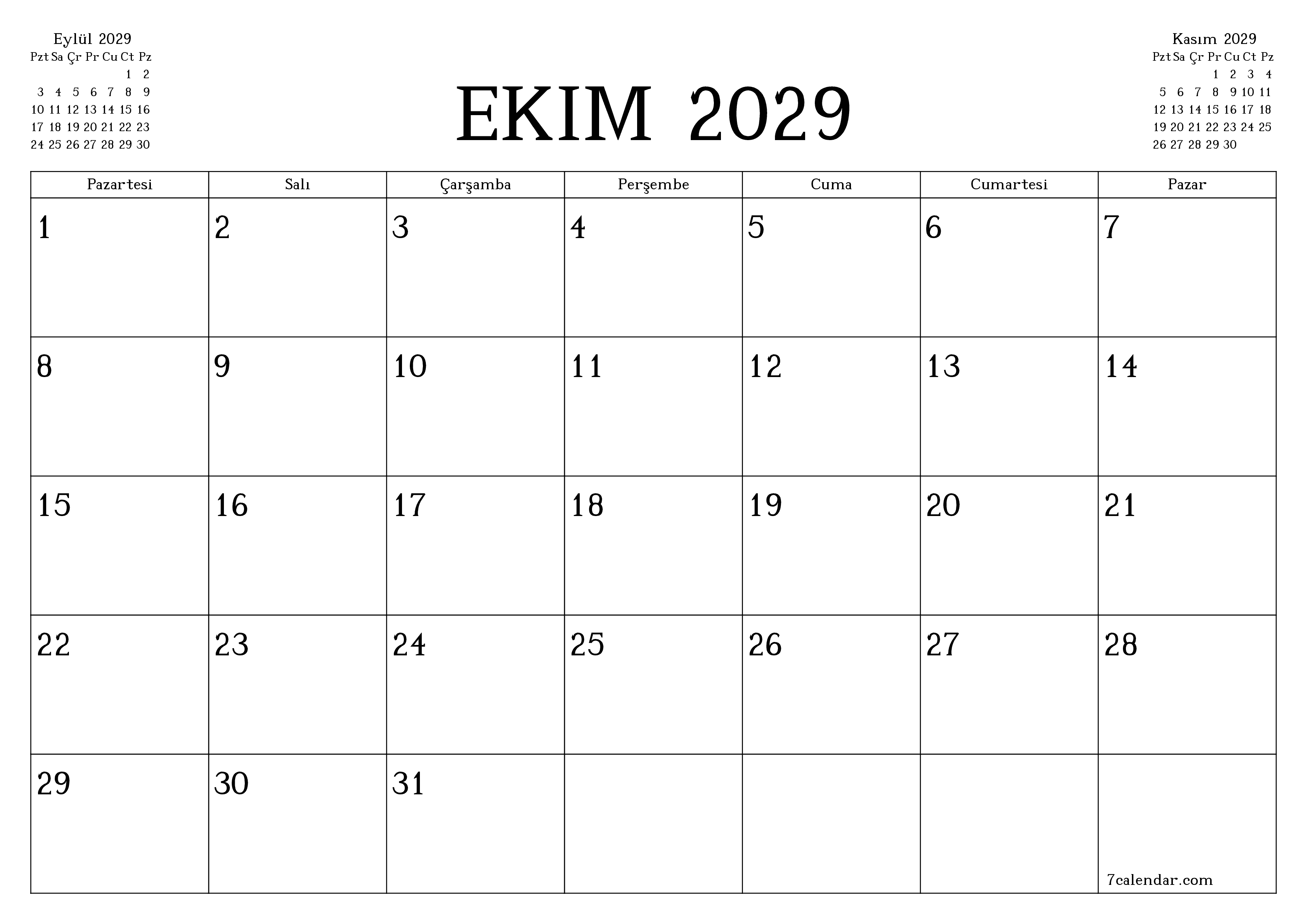 Ekim 2029 ayı için notlarla birlikte boş aylık planlayıcı, kaydedin ve PDF'ye yazdırın PNG Turkish