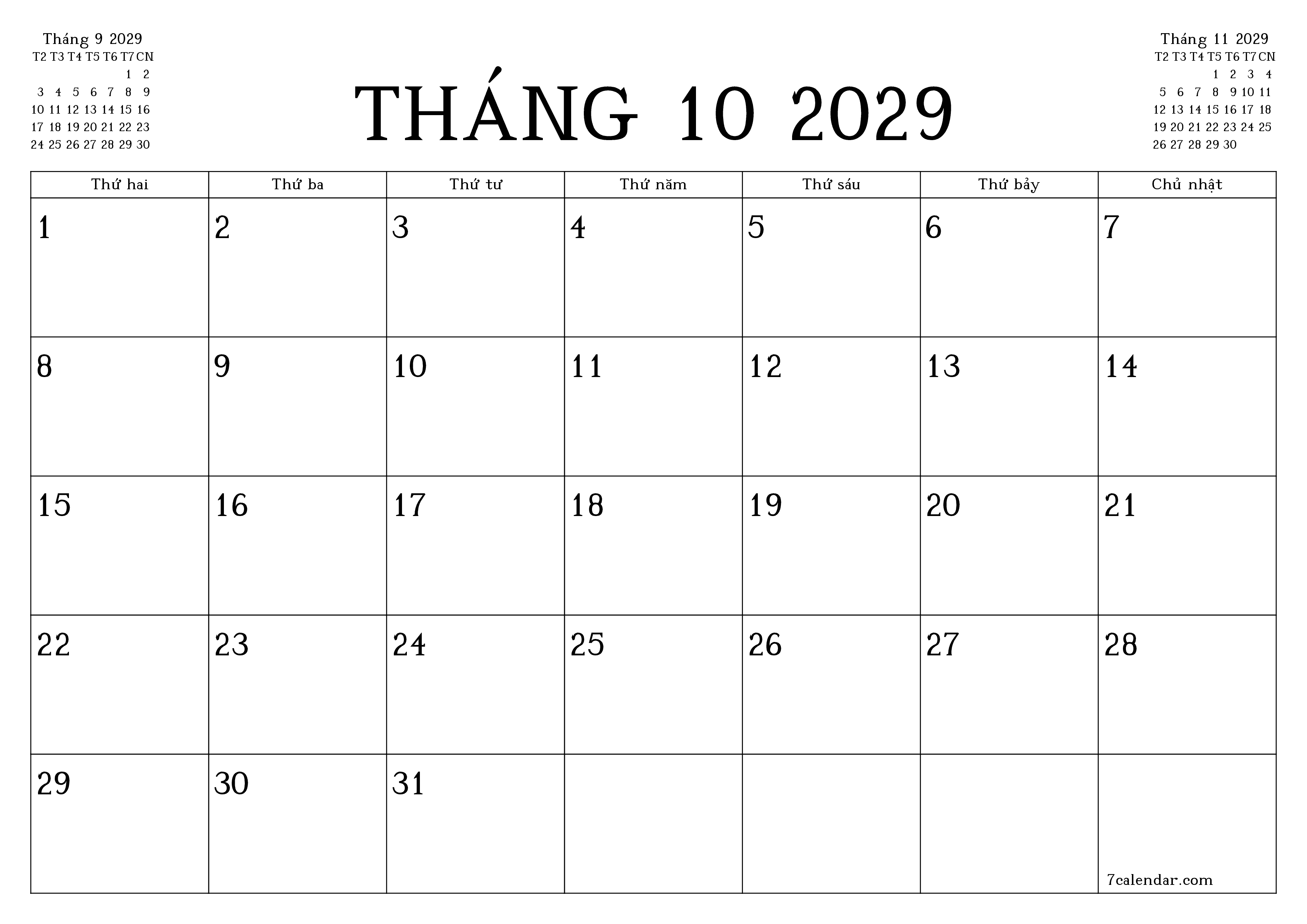 Công cụ lập kế hoạch hàng tháng trống cho tháng Tháng 10 2029 có ghi chú, lưu và in sang PDF PNG Vietnamese