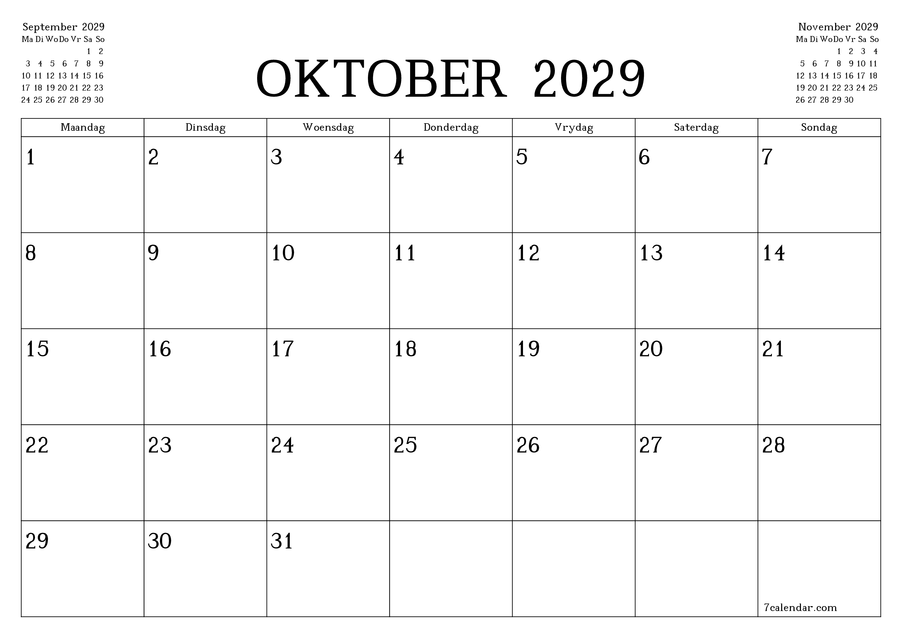 Leë maandelikse drukbare kalender en beplanner vir maand Oktober 2029 met notas stoor en druk na PDF PNG Afrikaans