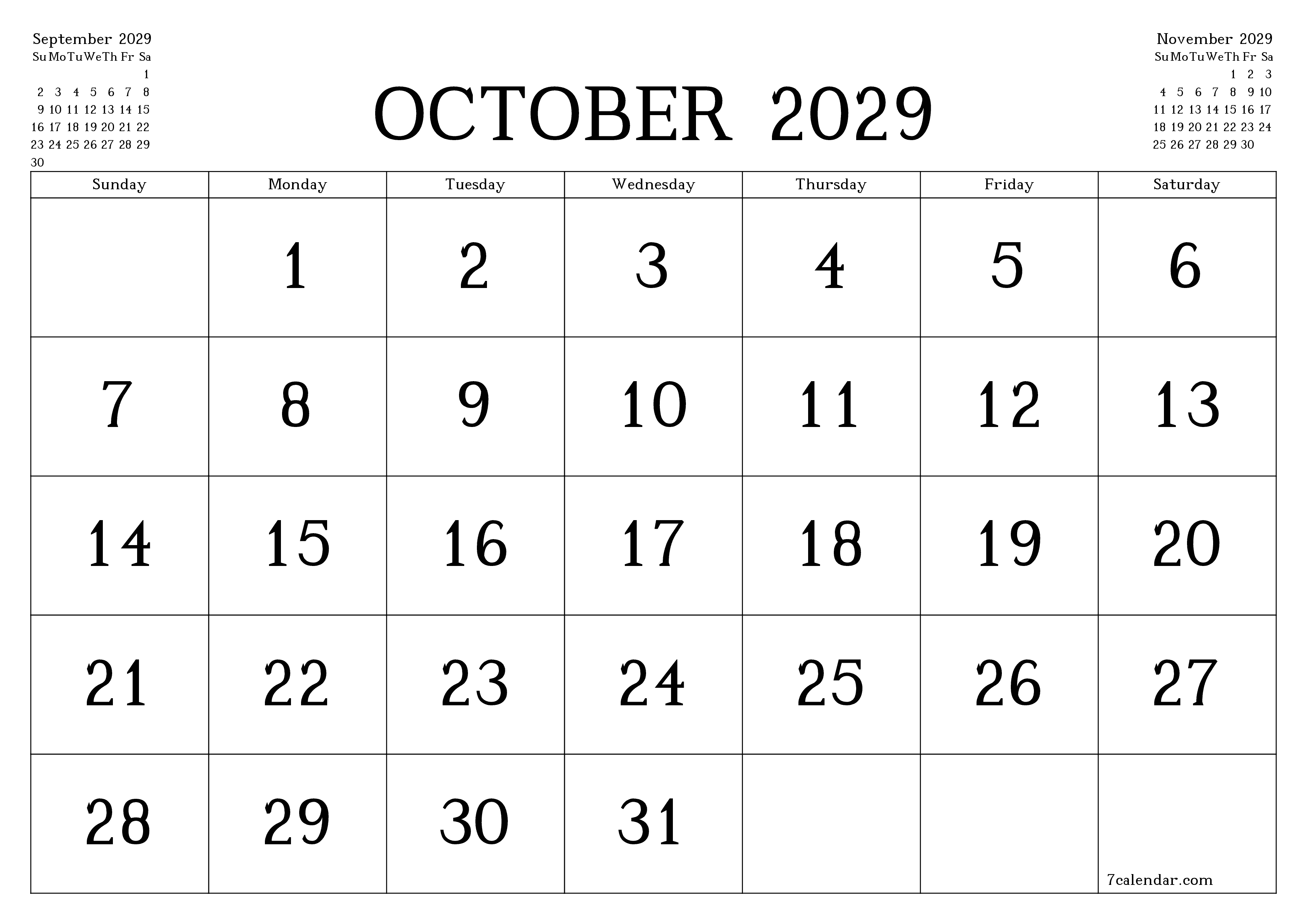 Blank calendar October 2029