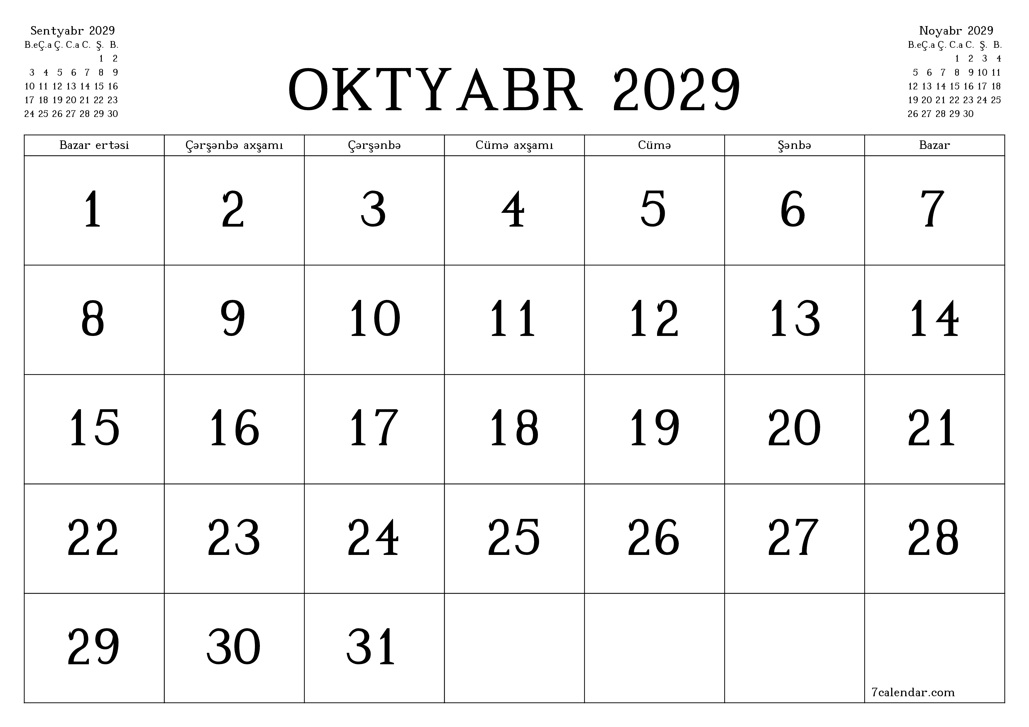 Oktyabr 2029 ayı üçün qeydlər ilə boş aylıq planlayıcı, qeyd edin və PDF-ə yazdırın PNG Azerbaijani