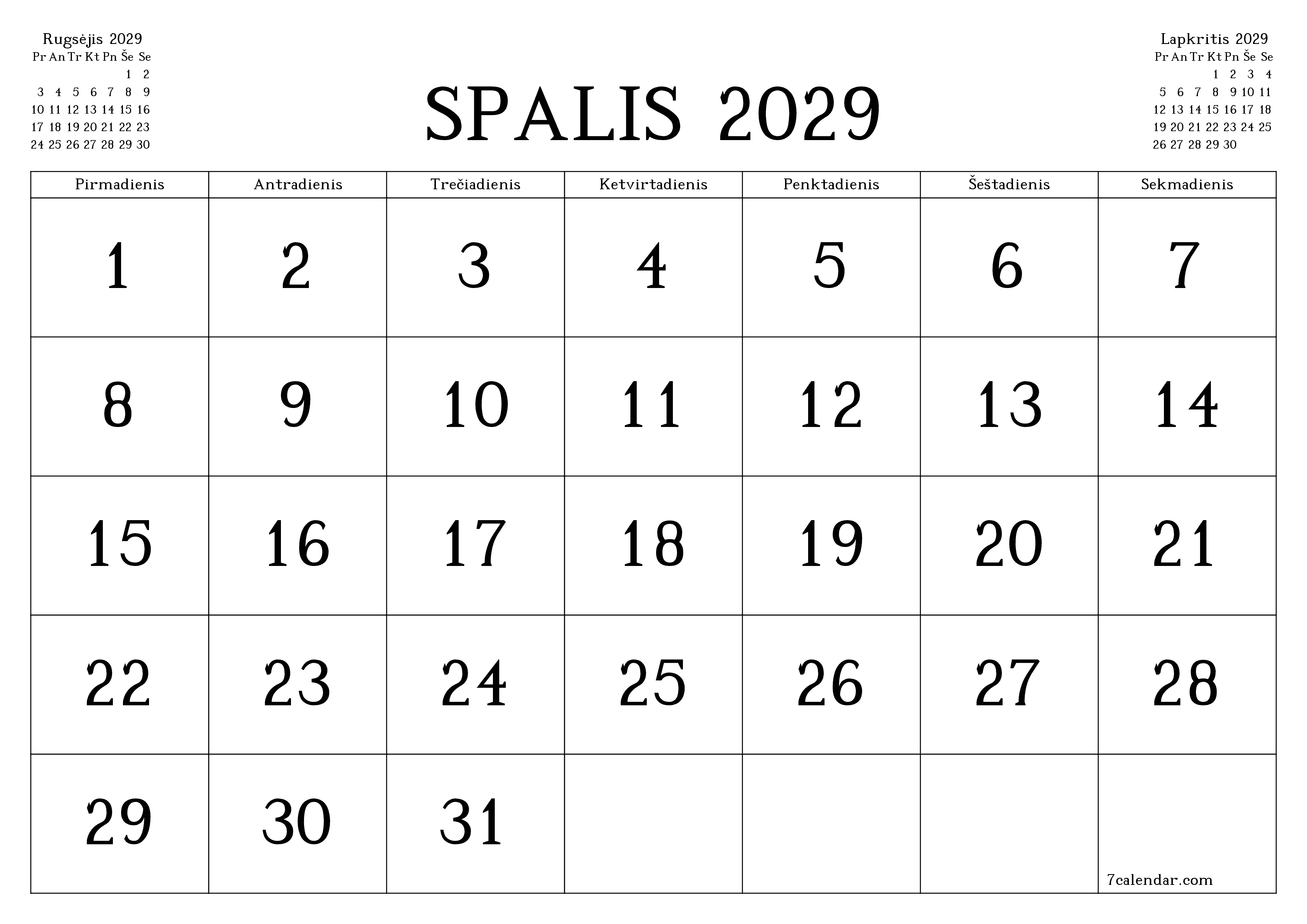 Ištuštinti mėnesio Spalis 2029 mėnesio planavimo priemonę su užrašais, išsaugoti ir atsispausdinti PDF formate PNG Lithuanian