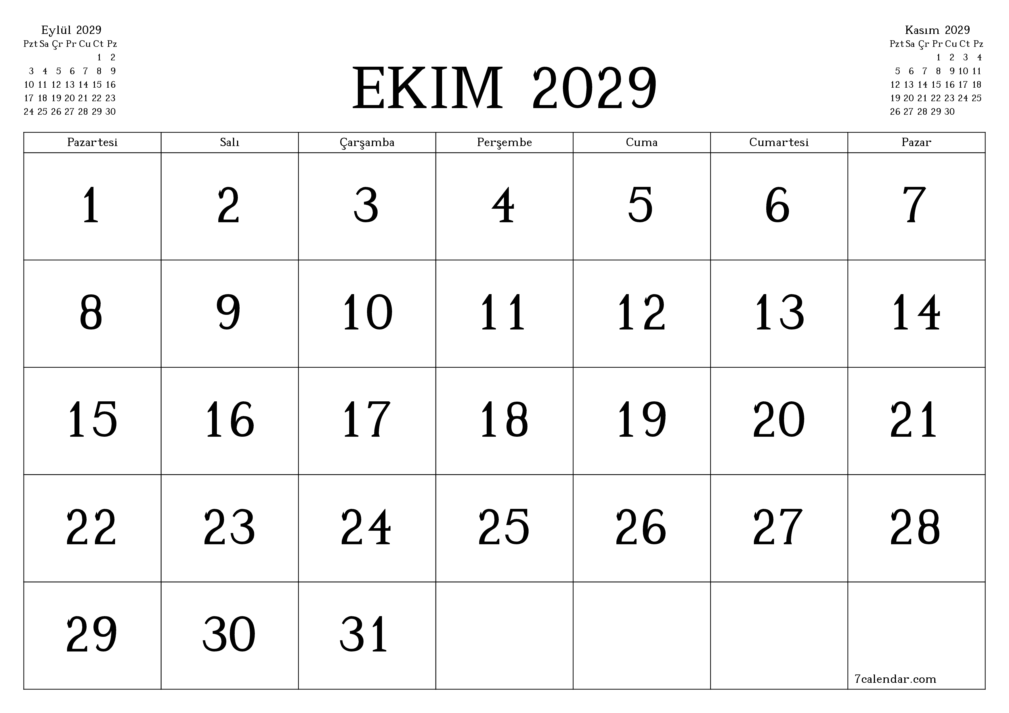 yazdırılabilir duvar i şablonu ücretsiz yatay Aylık takvim Ekim (Eki) 2029