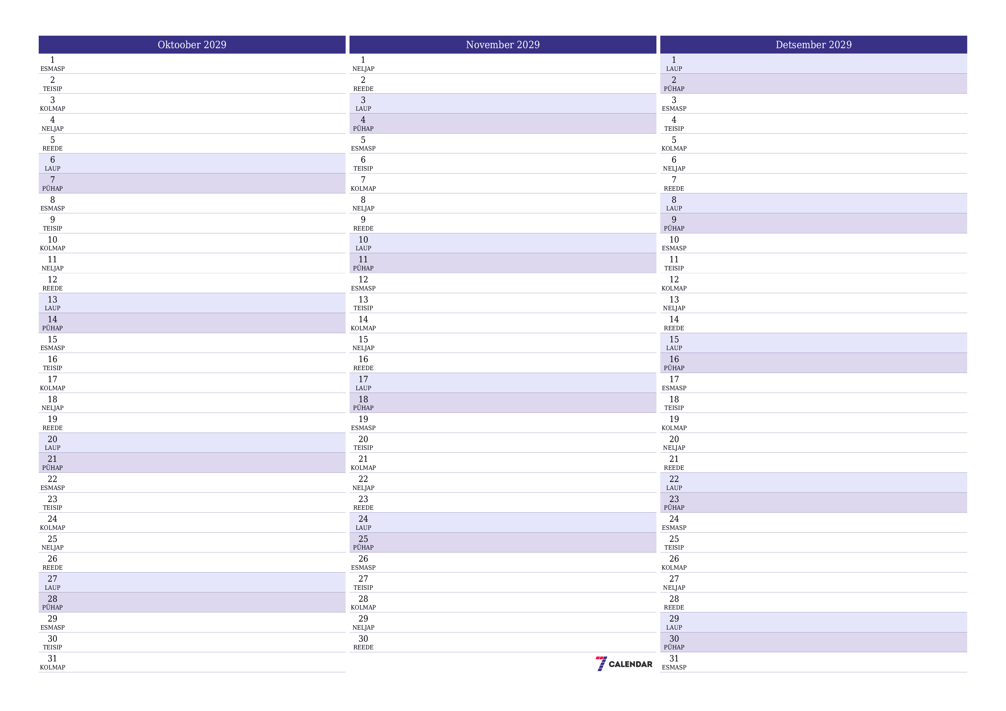 Tühjendage kuu Oktoober 2029 kuuplaneerija märkmetega, salvestage ja printige PDF-i PNG Estonian