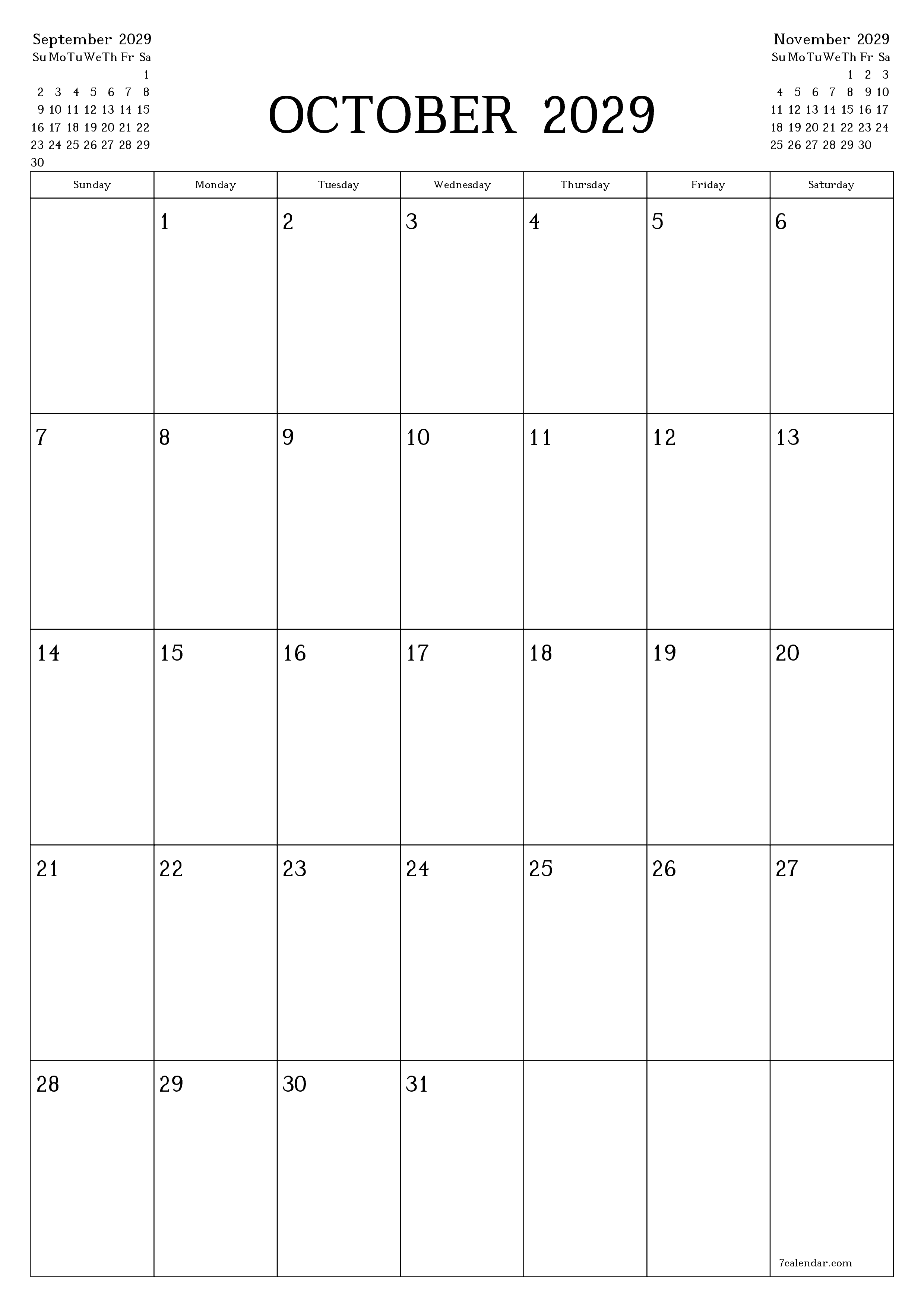printable wall template free vertical Monthly planner calendar October (Oct) 2029