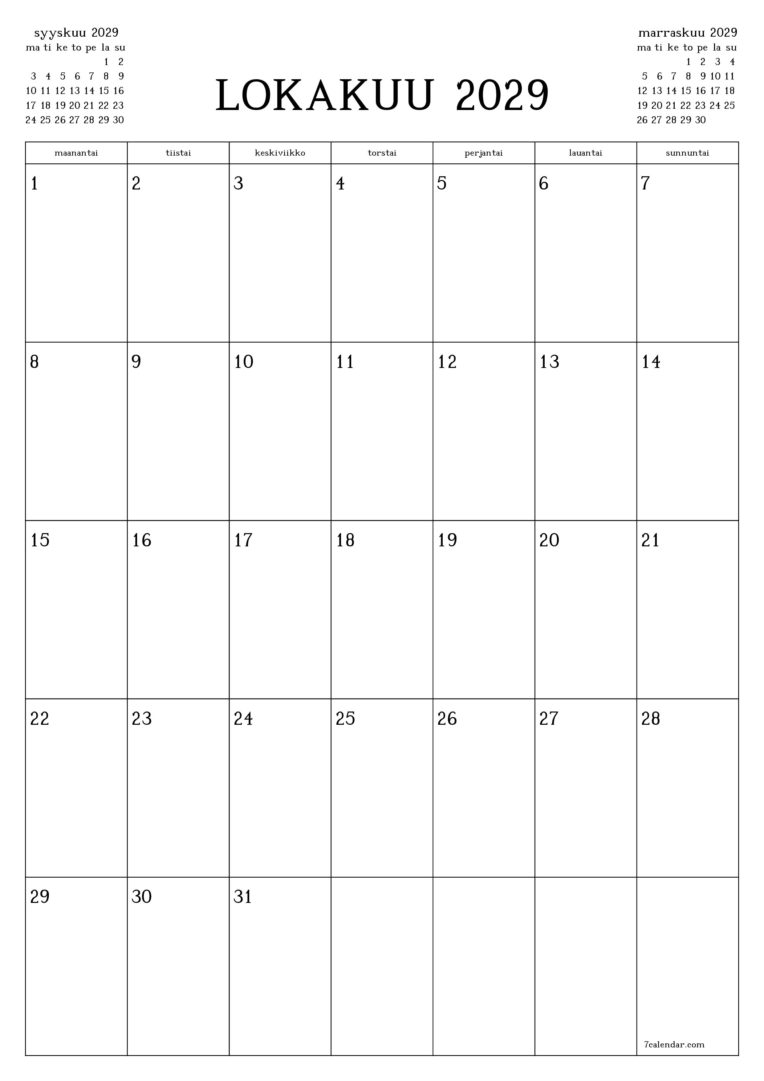 Tyhjennä kuukausittainen suunnittelija kuukaudelle Lokakuu 2029 muistiinpanoilla, tallenna ja tulosta PDF-muotoon PNG Finnish