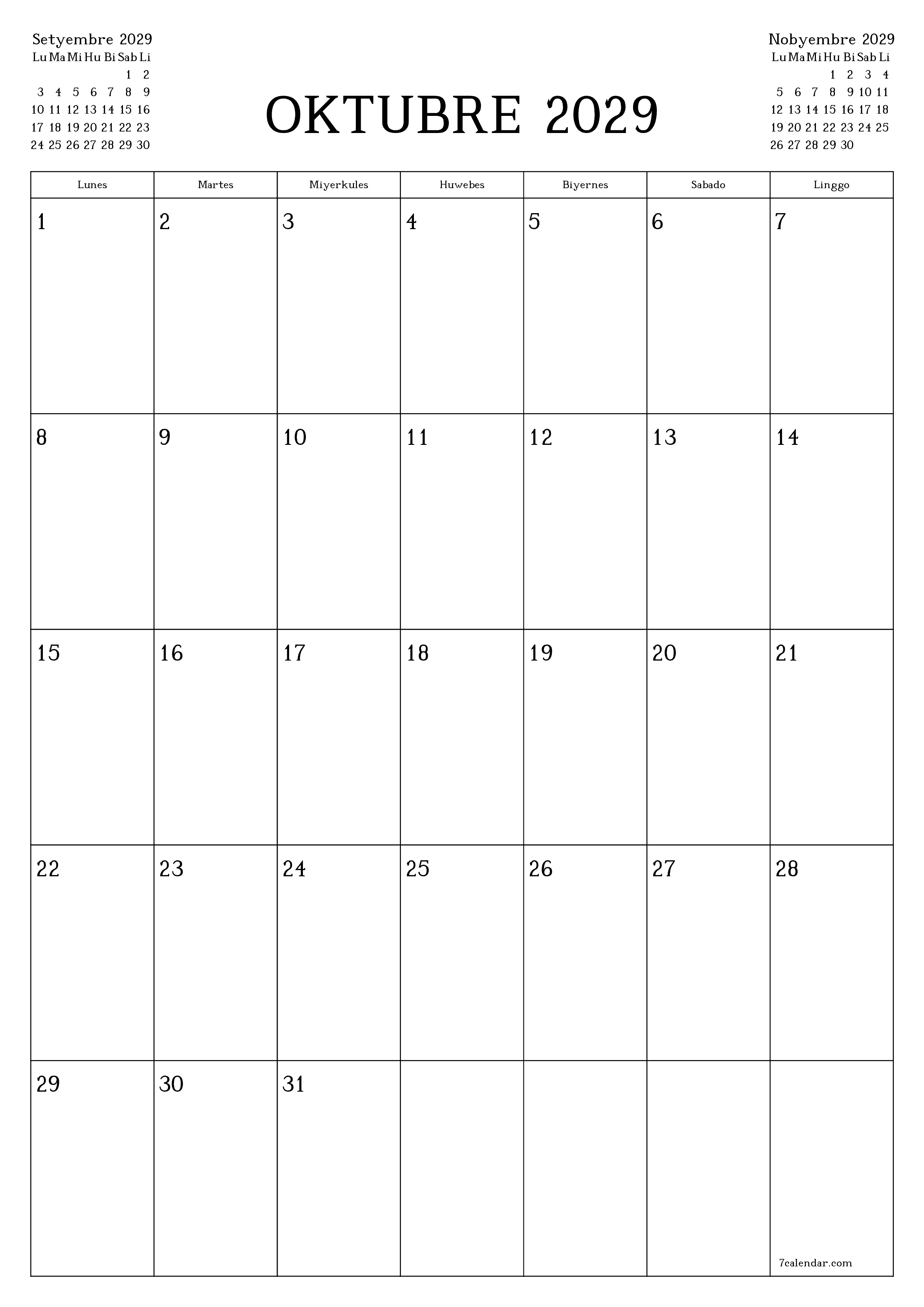Walang laman na buwanang tagaplano para sa buwan na Oktubre 2029 na may mga tala, i-save at i-print sa PDF PNG Filipino