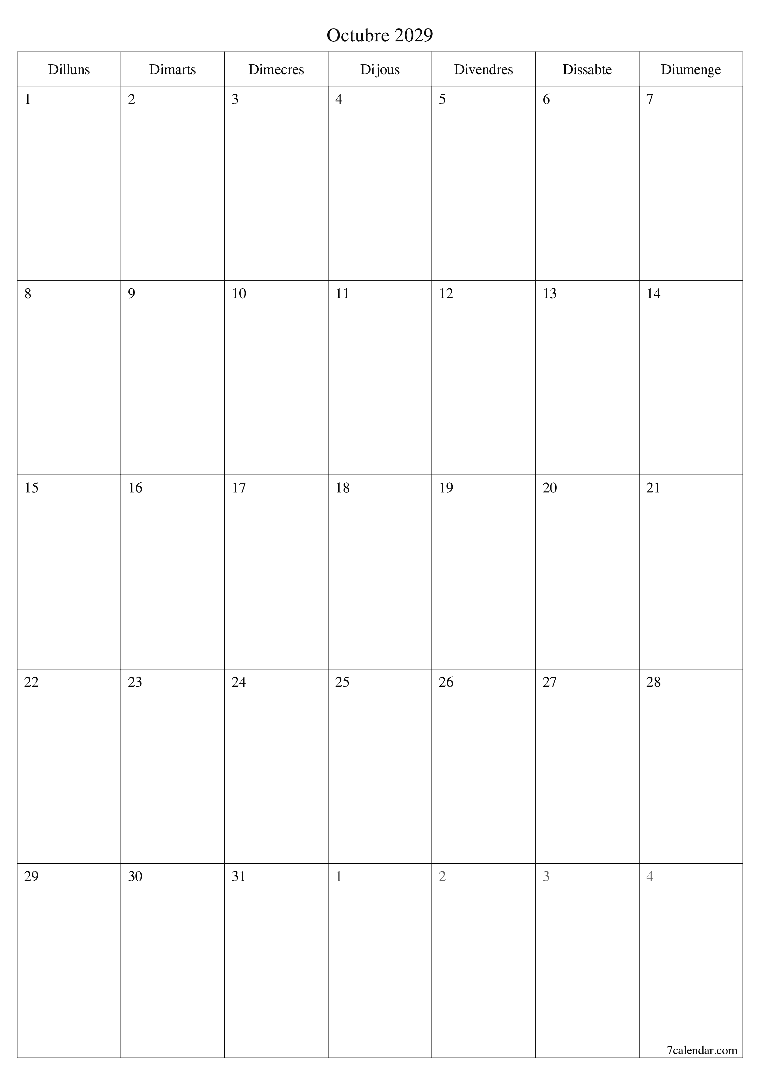Planificador mensual buit del mes Octubre 2029 amb notes, deseu-lo i imprimiu-lo en format PDF PNG Catalan
