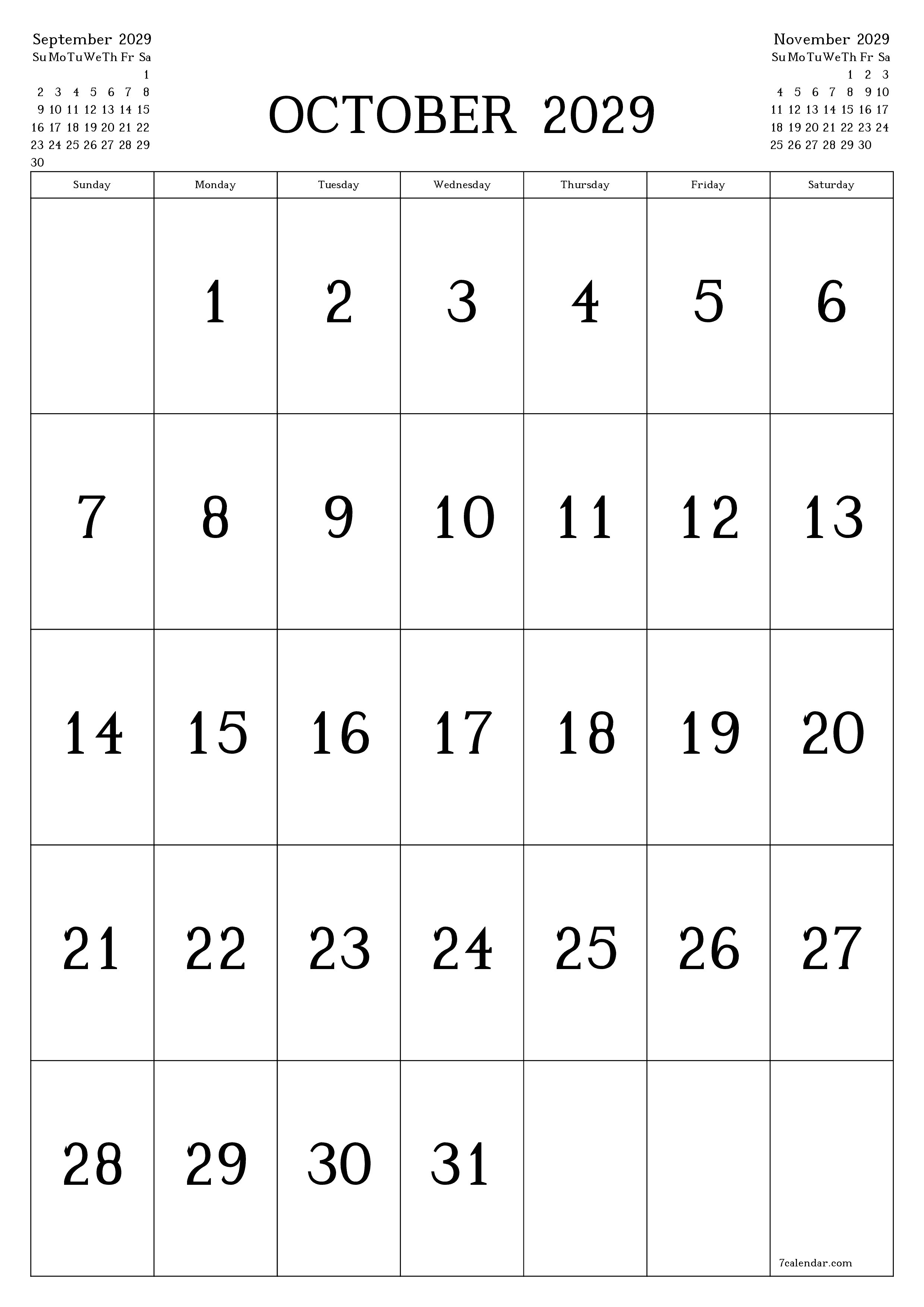 printable wall template free vertical Monthly calendar October (Oct) 2029